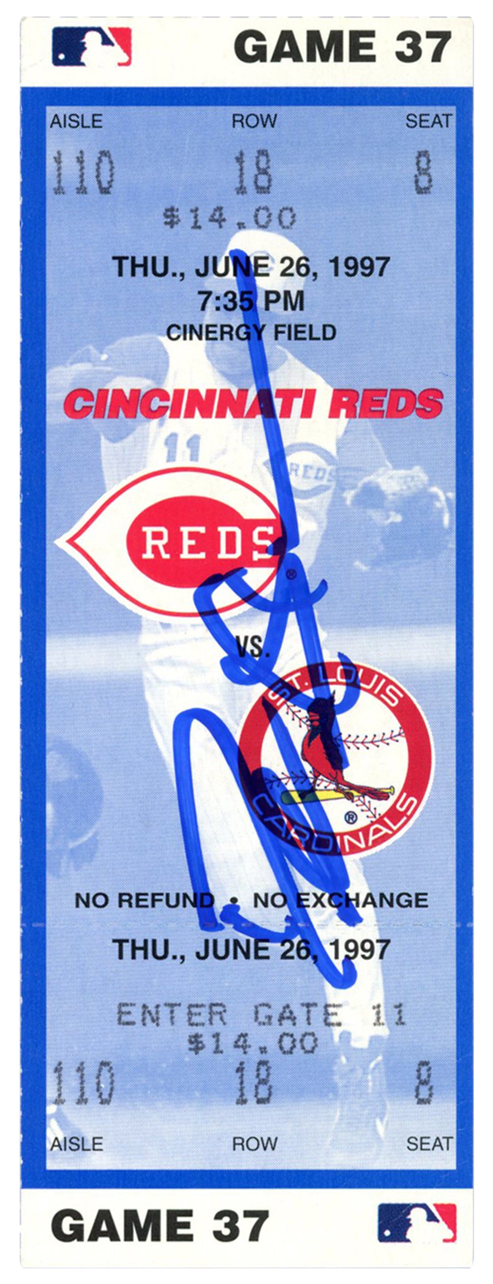 Deion Sanders Cincinnati Reds Signed Card - 6/26/1997 vs Cardinals Ticket Beckett-Powers Sports Memorabilia