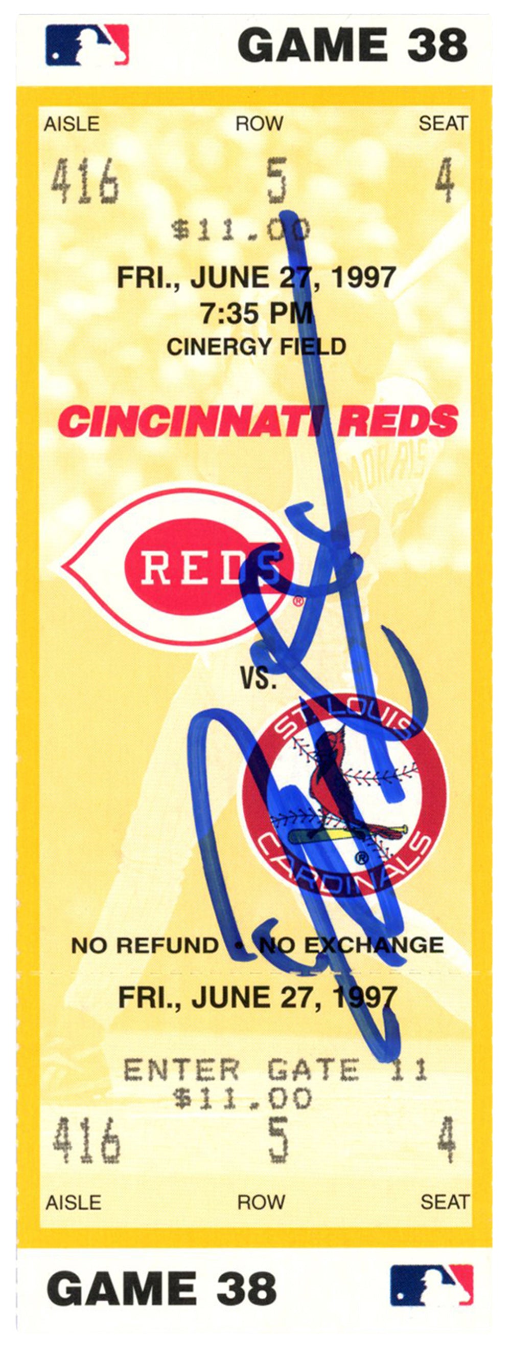 Deion Sanders Cincinnati Reds Signed Card - 6/27/1997 vs Cardinals Ticket Beckett-Powers Sports Memorabilia