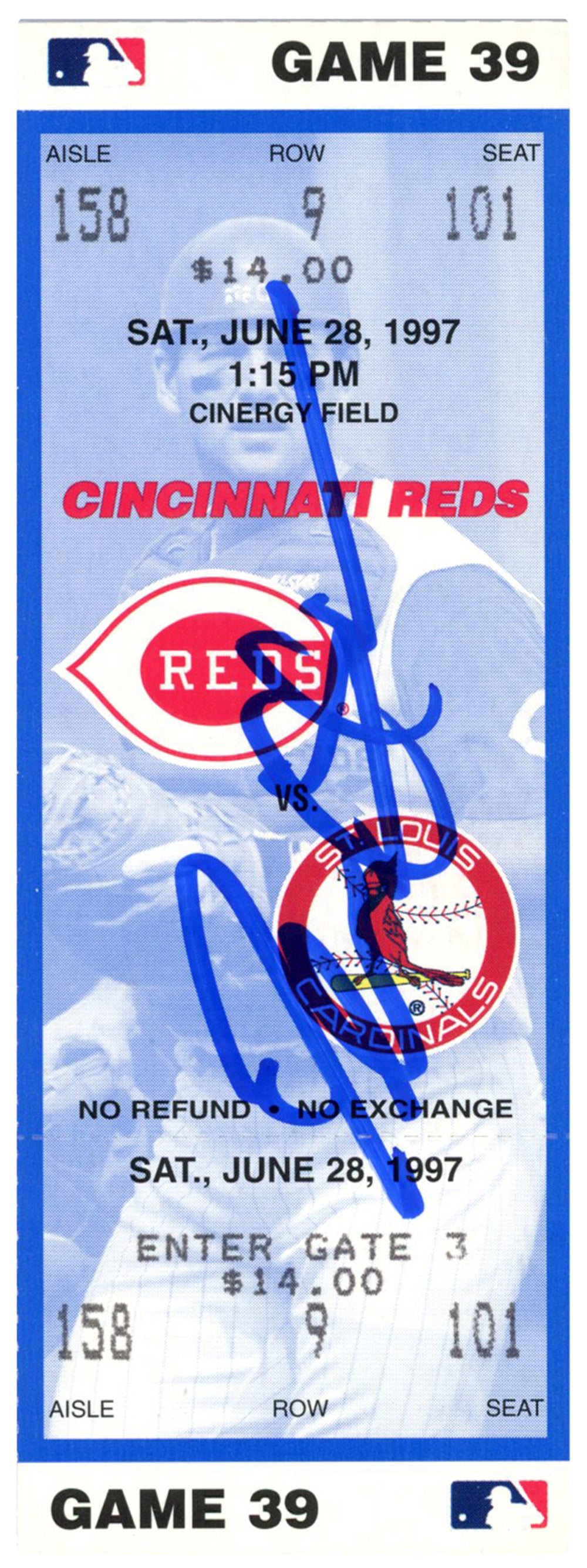 Deion Sanders Cincinnati Reds Signed Card - 6/28/1997 vs Cardinals Ticket Beckett-Powers Sports Memorabilia