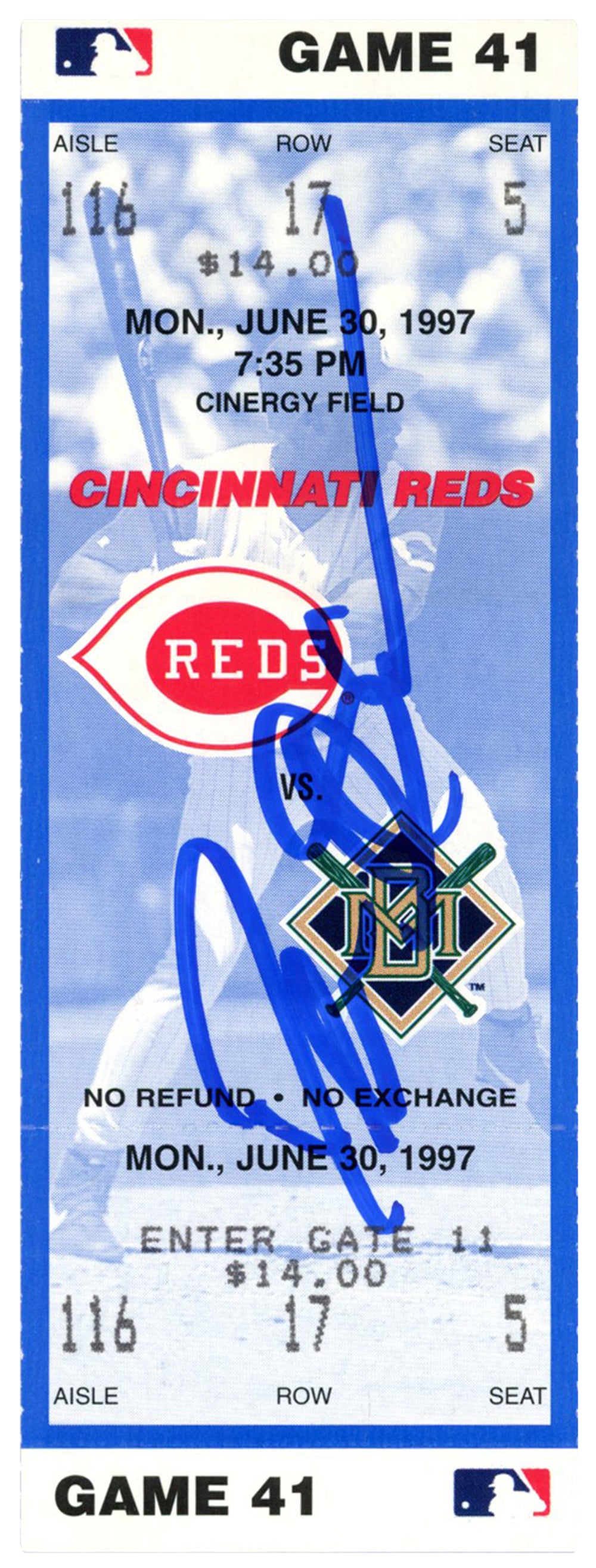 Deion Sanders Cincinnati Reds Signed Card - 6/30/1997 vs Brewers Ticket Beckett-Powers Sports Memorabilia