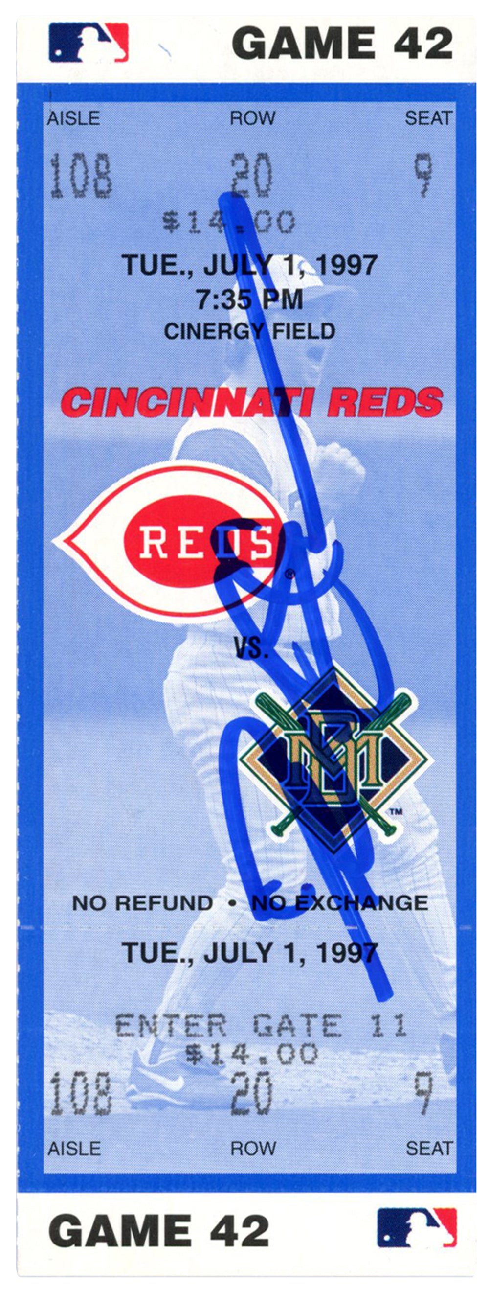 Deion Sanders Cincinnati Reds Signed Card - 7/1/1997 vs Brewers Ticket Beckett-Powers Sports Memorabilia
