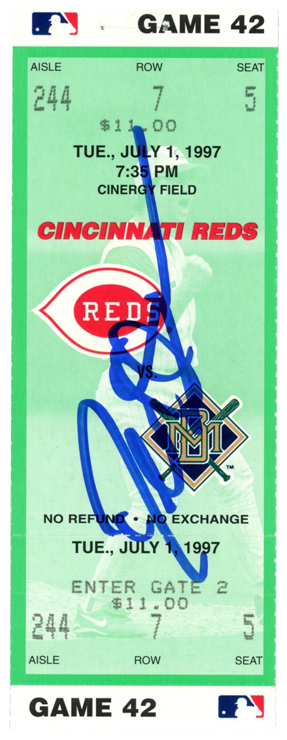Deion Sanders Cincinnati Reds Signed Card - 7/1/1997 vs Brewers Ticket Beckett - 37212-Powers Sports Memorabilia