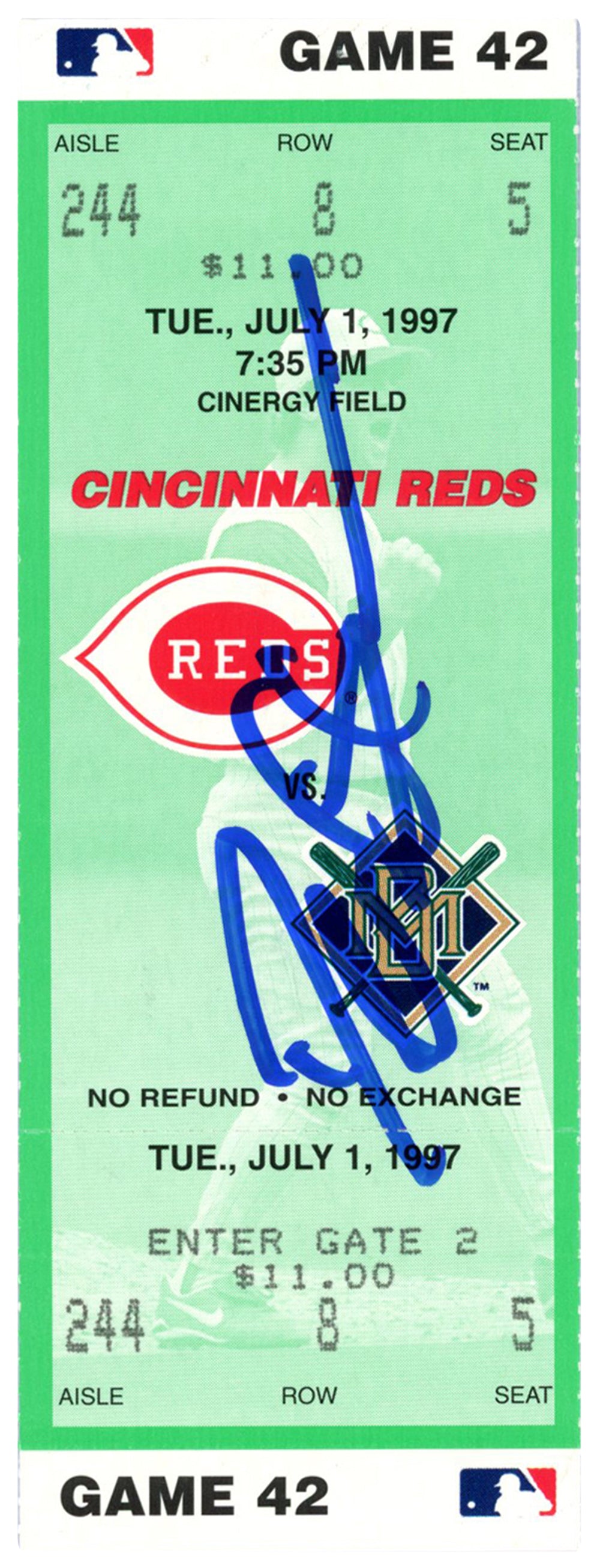 Deion Sanders Cincinnati Reds Signed Card - 7/1/1997 vs Brewers Ticket Beckett - 37213-Powers Sports Memorabilia