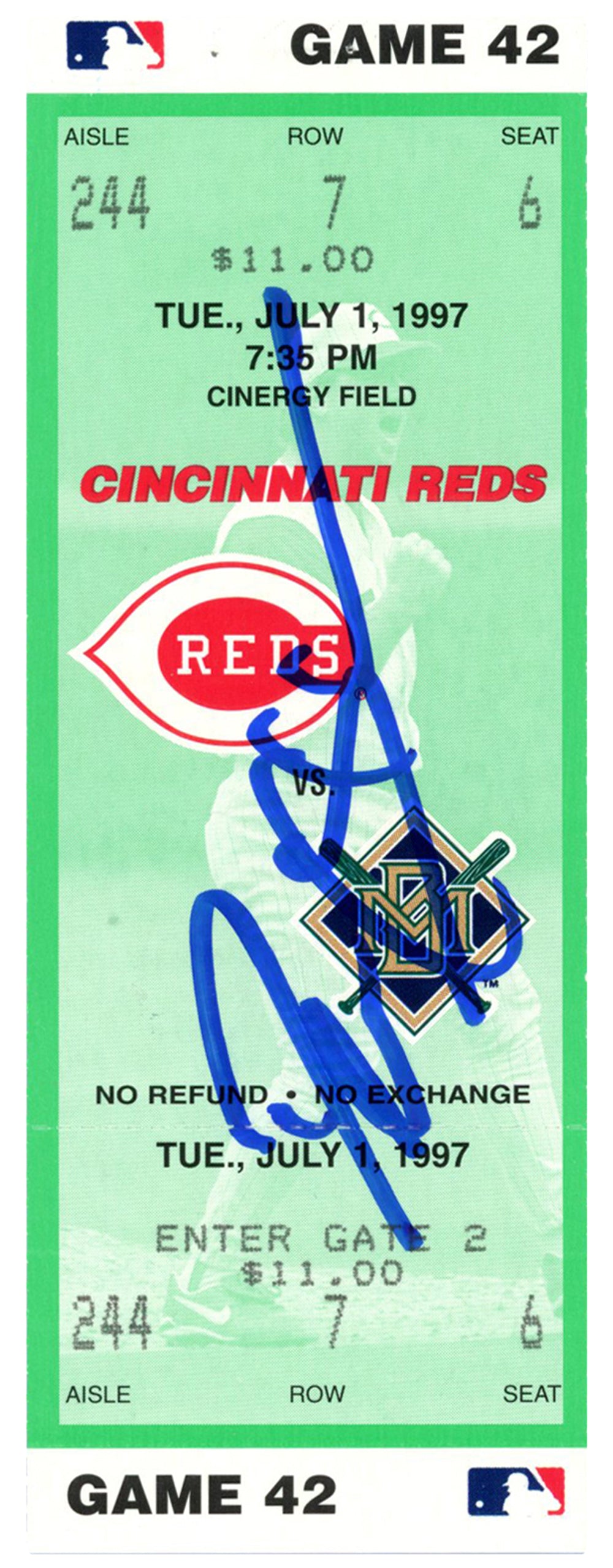 Deion Sanders Cincinnati Reds Signed Card - 7/1/1997 vs Brewers Ticket Beckett - 37214-Powers Sports Memorabilia