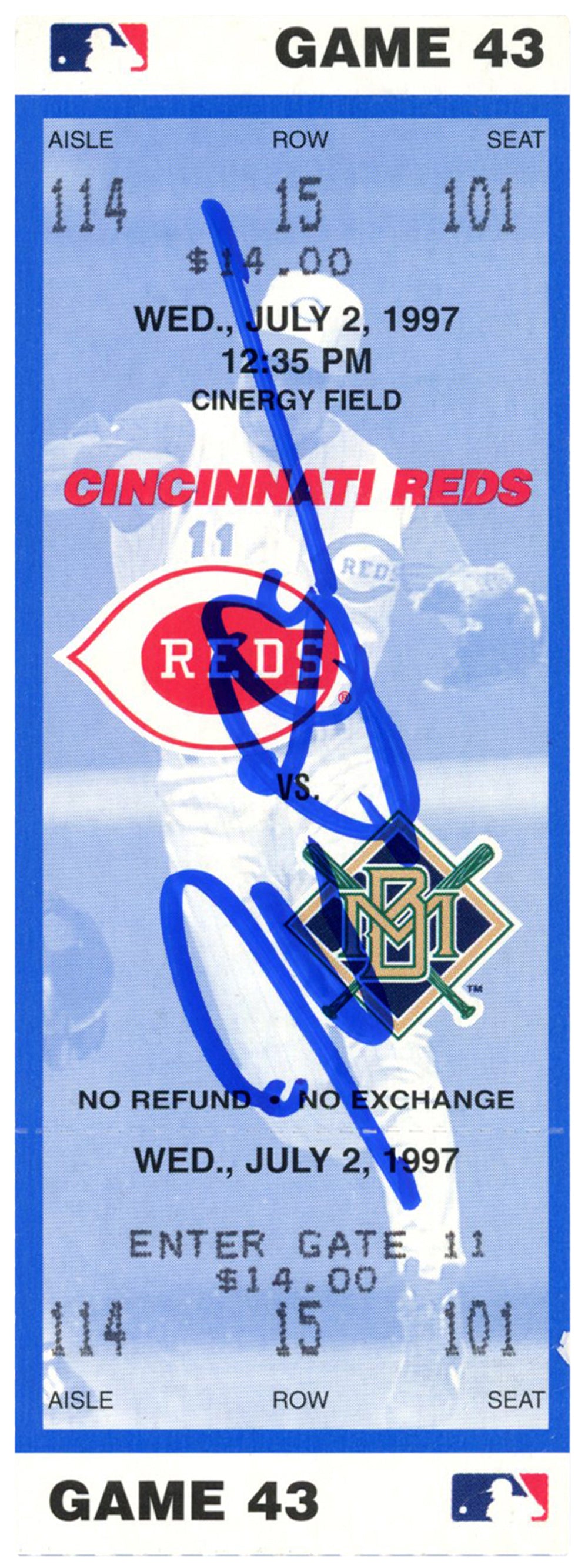 Deion Sanders Cincinnati Reds Signed Card - 7/2/1997 vs Brewers Ticket Beckett-Powers Sports Memorabilia