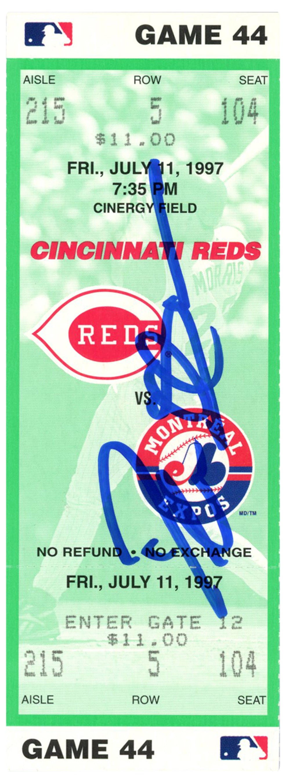 Deion Sanders Cincinnati Reds Signed Card - 7/11/1997 vs Expos Ticket Beckett-Powers Sports Memorabilia