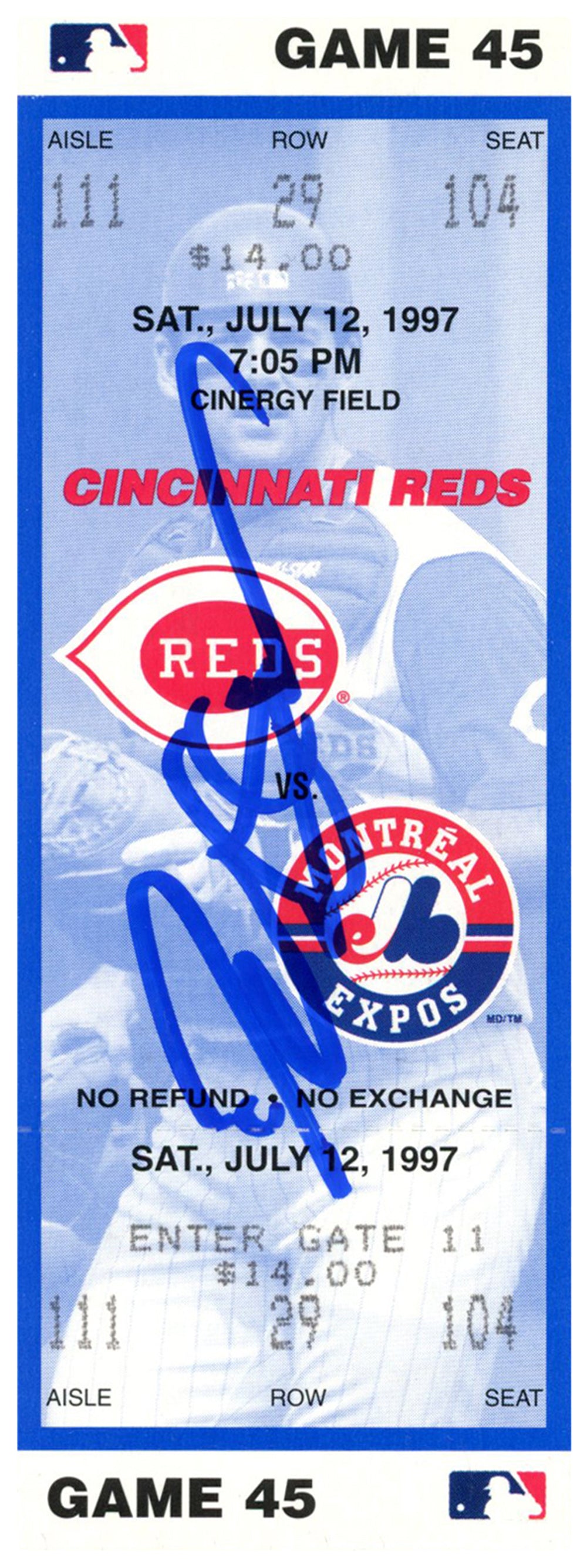 Deion Sanders Cincinnati Reds Signed Card - 7/12/1997 vs Expos Ticket Beckett-Powers Sports Memorabilia
