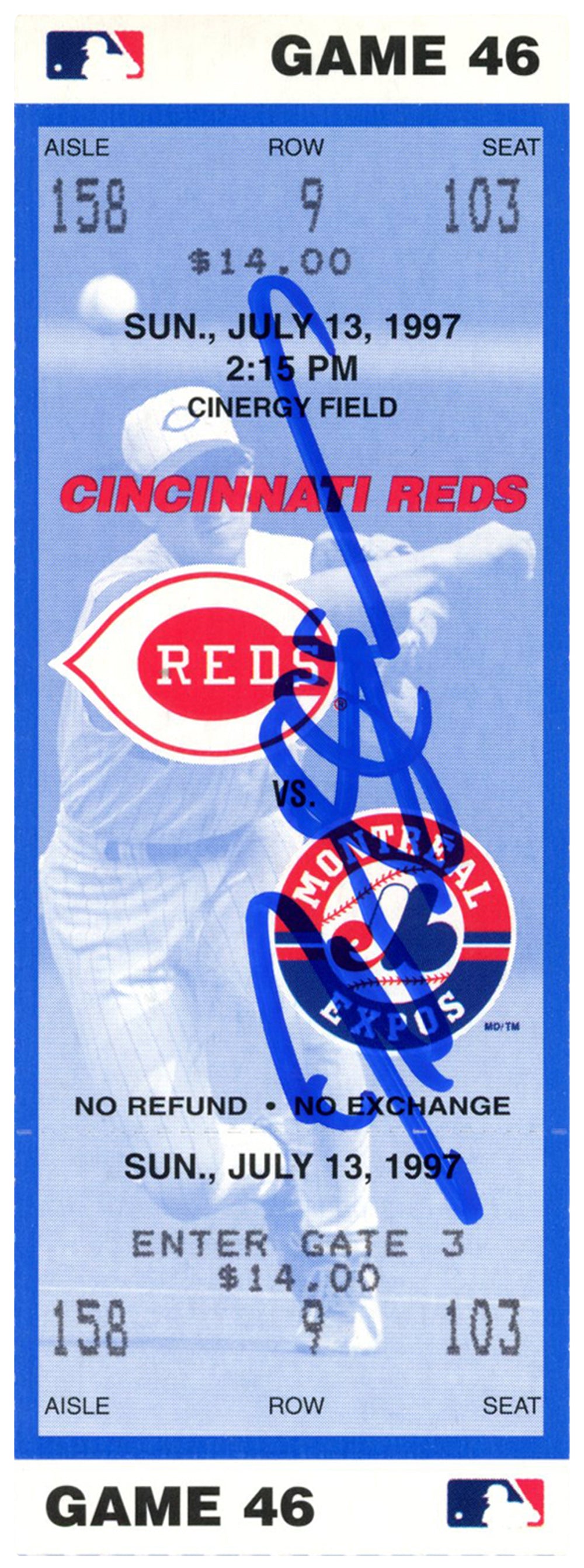 Deion Sanders Cincinnati Reds Signed Card - 7/13/1997 vs Expos Ticket Beckett-Powers Sports Memorabilia