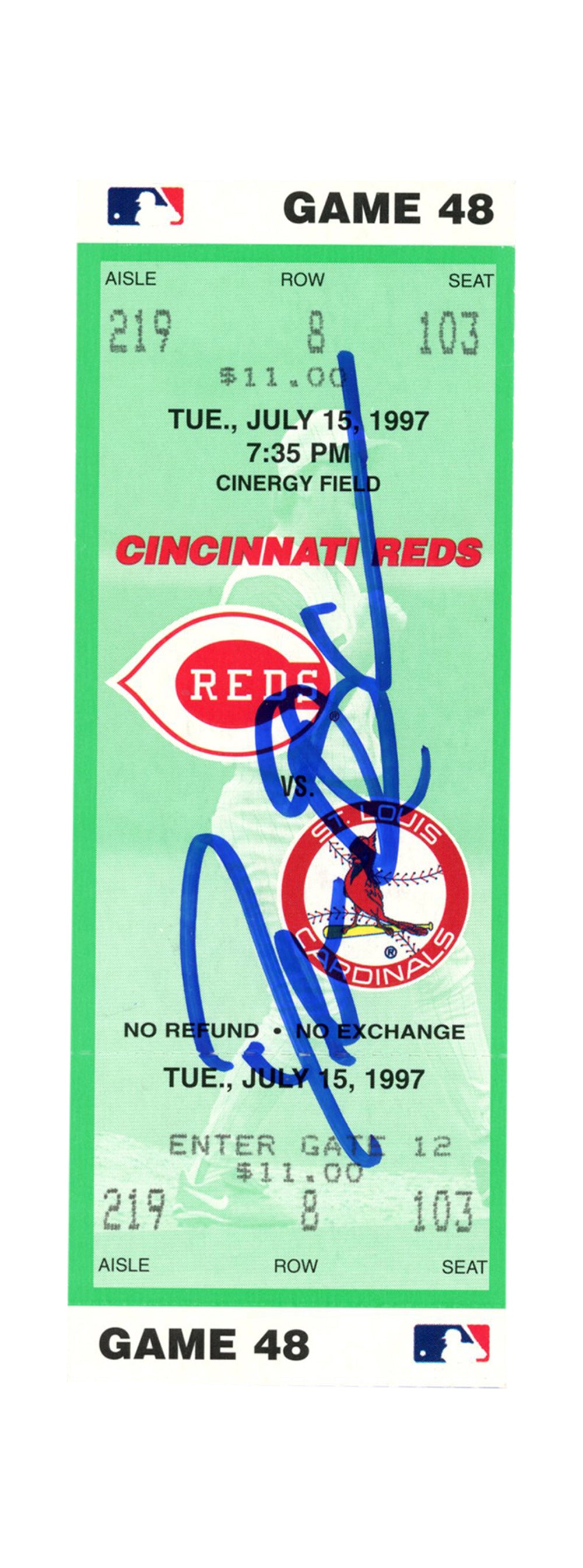 Deion Sanders Cincinnati Reds Signed Card - 7/15/1997 vs Cardinals Ticket Beckett-Powers Sports Memorabilia