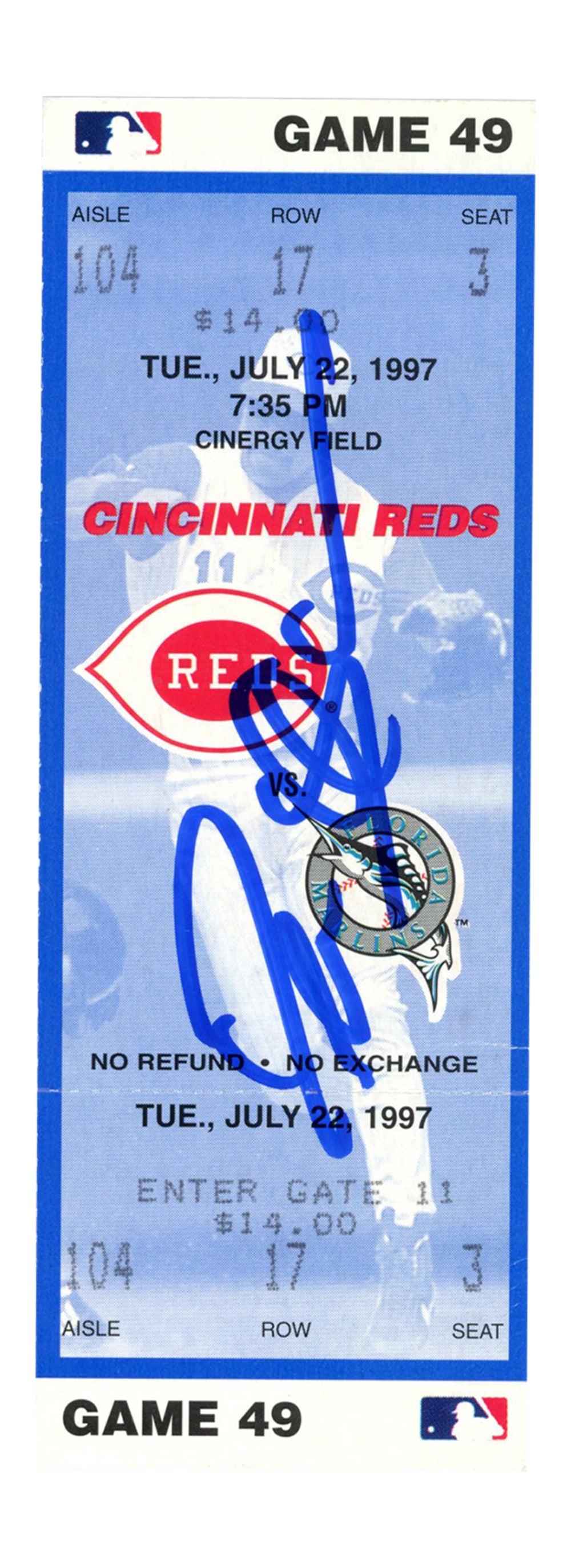 Deion Sanders Cincinnati Reds Signed Card - 7/22/1997 vs Marlins Ticket Beckett-Powers Sports Memorabilia