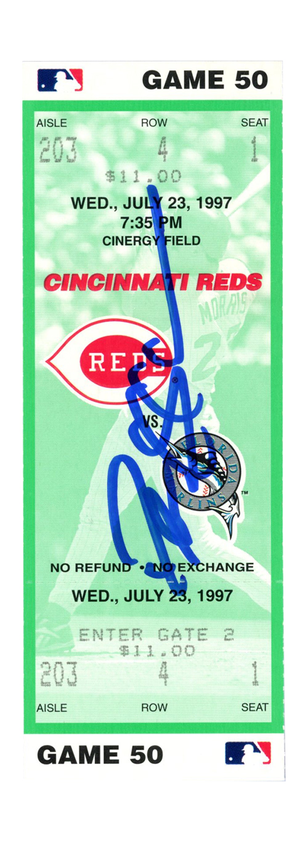 Deion Sanders Cincinnati Reds Signed Card - 7/23/1997 vs Marlins Ticket Beckett-Powers Sports Memorabilia