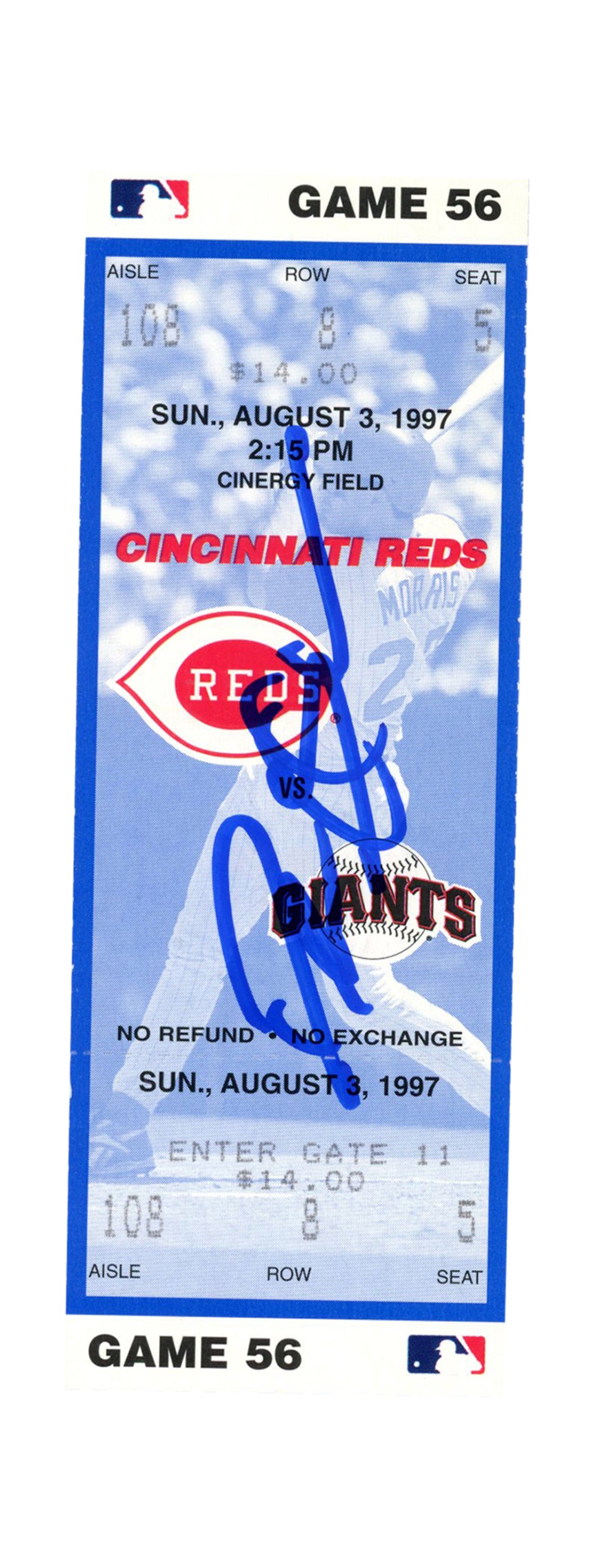 Deion Sanders Cincinnati Reds Signed Card - 8/3/1997 vs Giants Ticket Beckett-Powers Sports Memorabilia