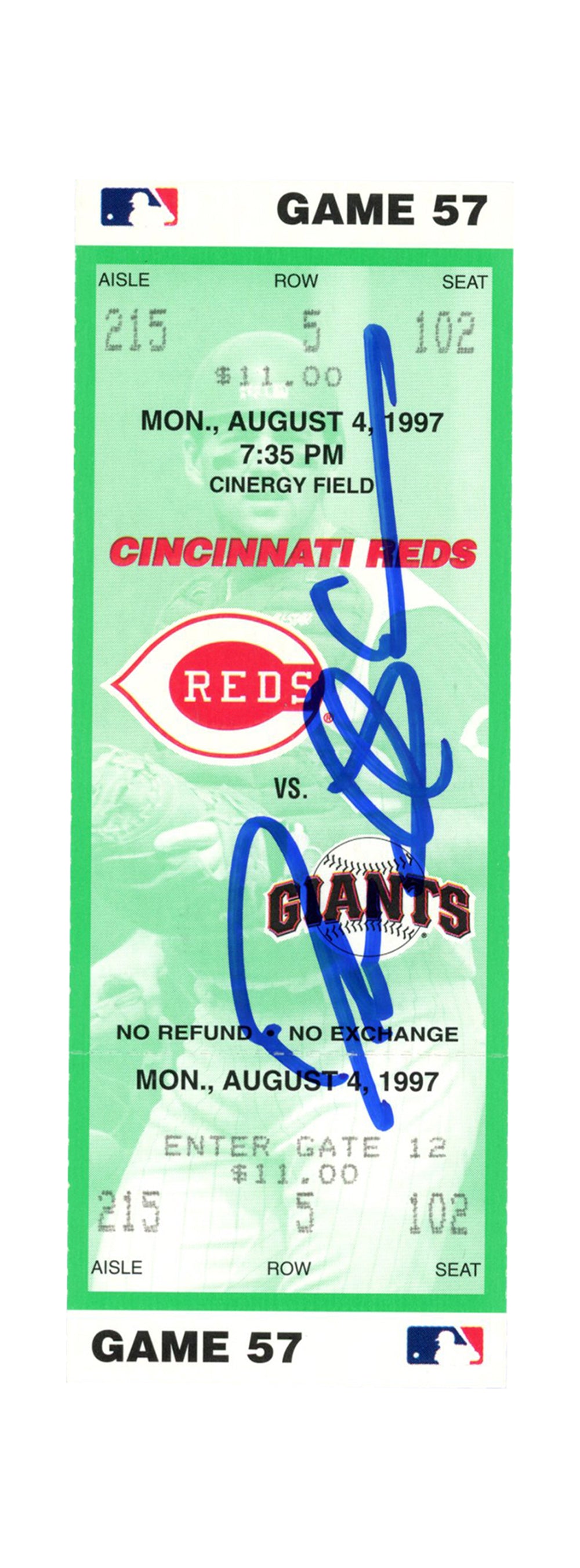 Deion Sanders Cincinnati Reds Signed Card - 8/4/1997 vs Giants Ticket Beckett-Powers Sports Memorabilia