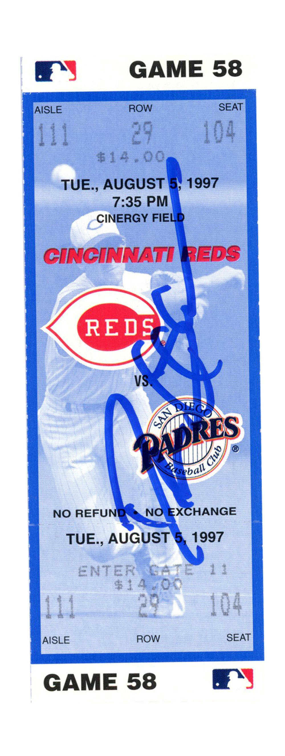 Deion Sanders Cincinnati Reds Signed Card - 8/5/1997 vs Padres Ticket Beckett-Powers Sports Memorabilia