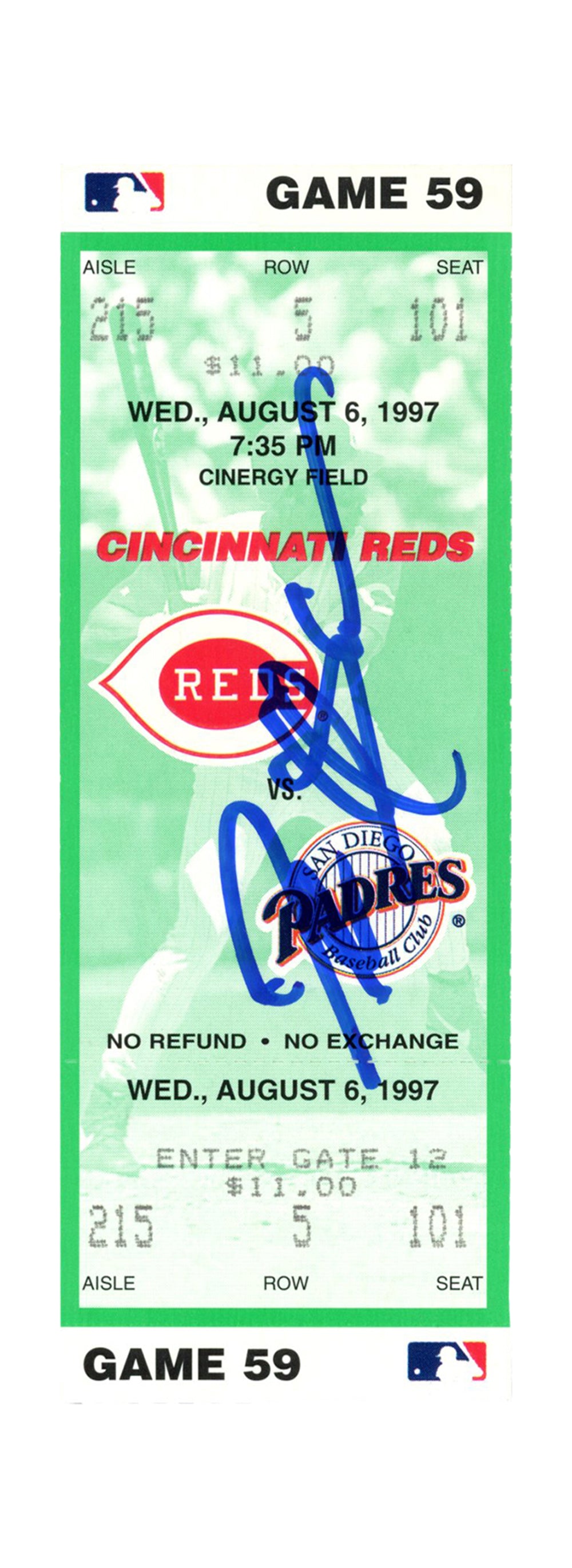 Deion Sanders Cincinnati Reds Signed Card - 8/6/1997 vs Padres Ticket Beckett-Powers Sports Memorabilia