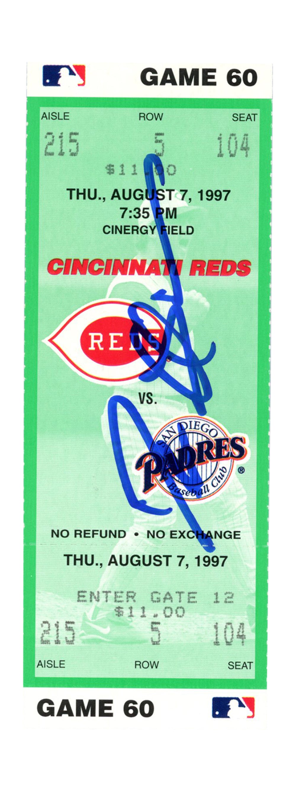 Deion Sanders Cincinnati Reds Signed Card - 8/7/1997 vs Padres Ticket Beckett-Powers Sports Memorabilia