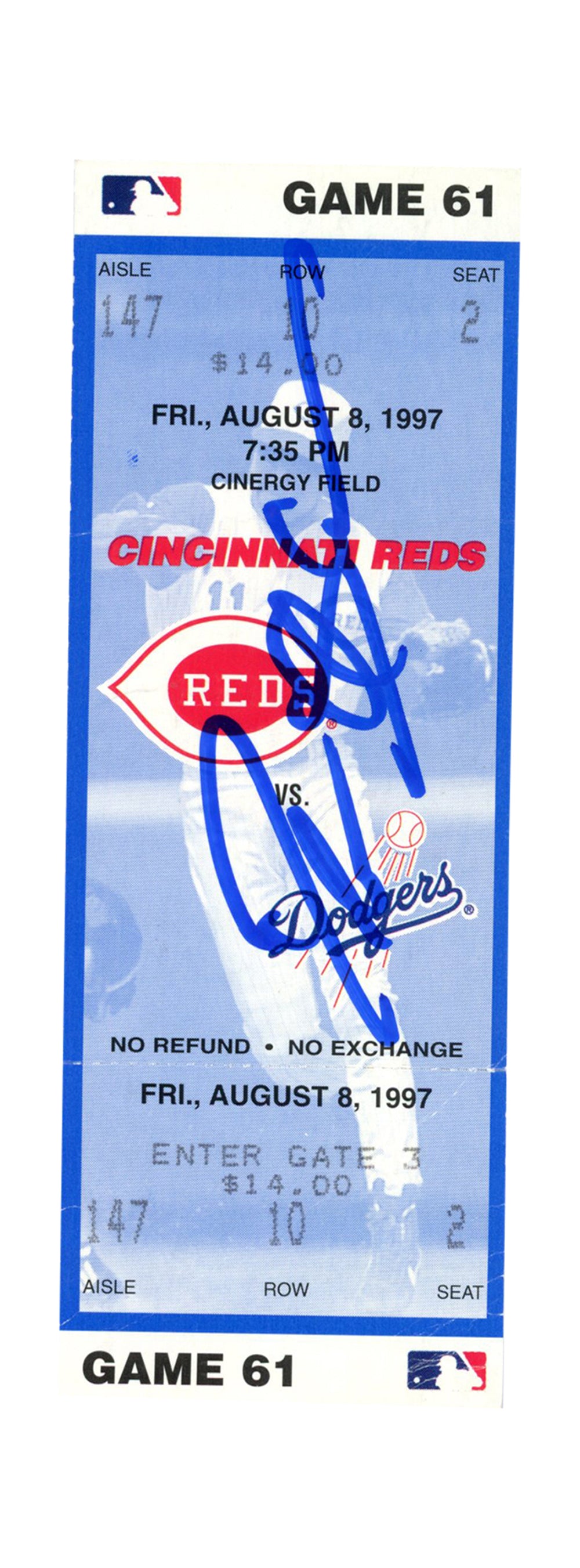 Deion Sanders Cincinnati Reds Signed Card - 8/8/1997 vs Dodgers Ticket Beckett-Powers Sports Memorabilia