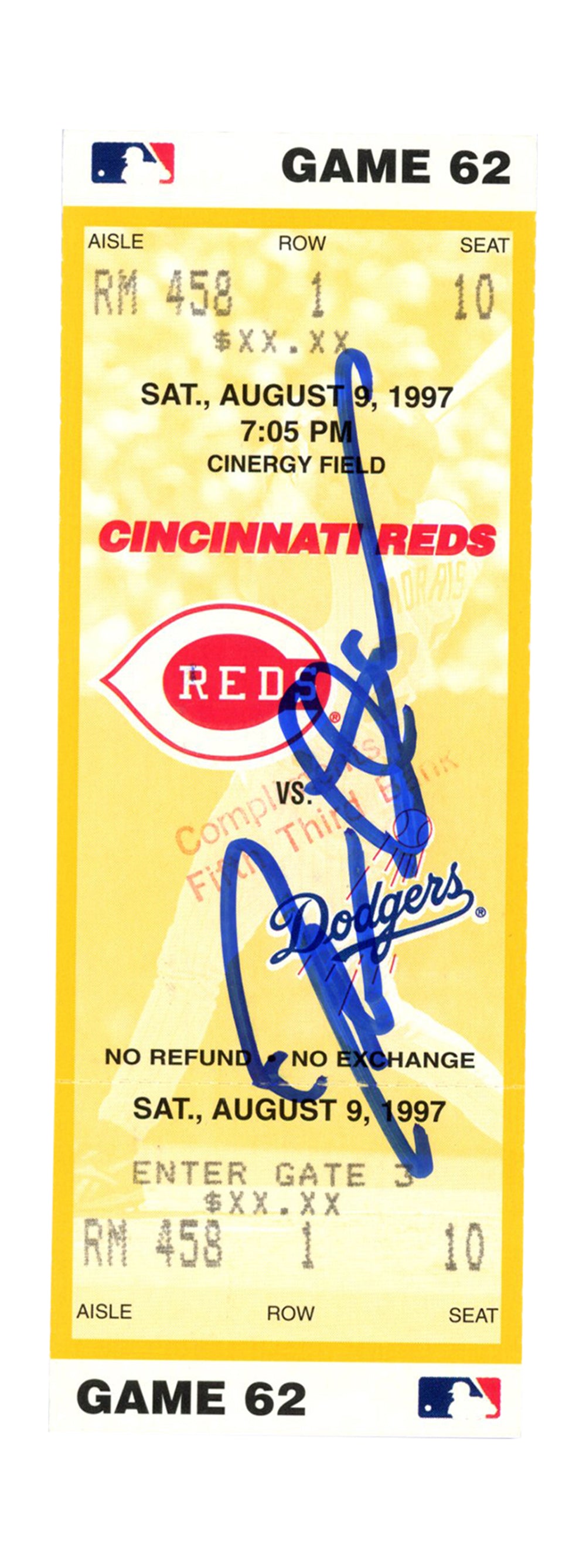 Deion Sanders Cincinnati Reds Signed Card - 8/9/1997 vs Dodgers Ticket Beckett-Powers Sports Memorabilia