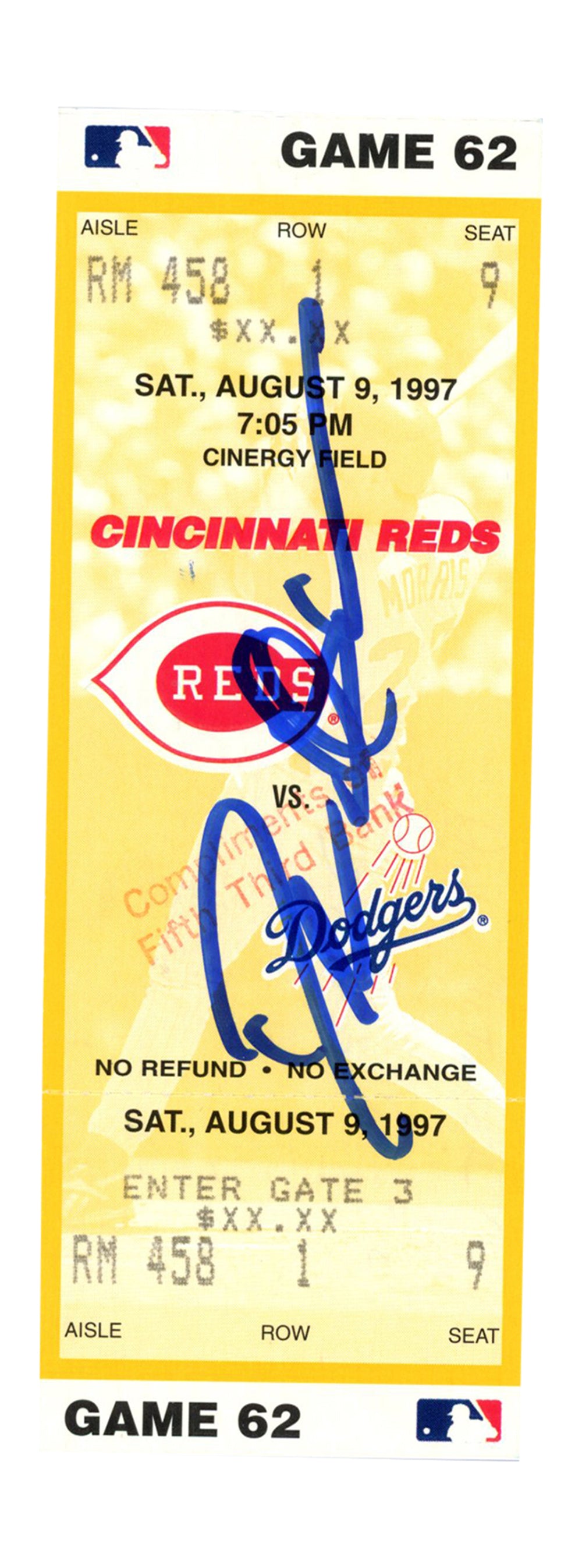 Deion Sanders Cincinnati Reds Signed Card - 8/9/1997 vs Dodgers Ticket Beckett - 37229-Powers Sports Memorabilia