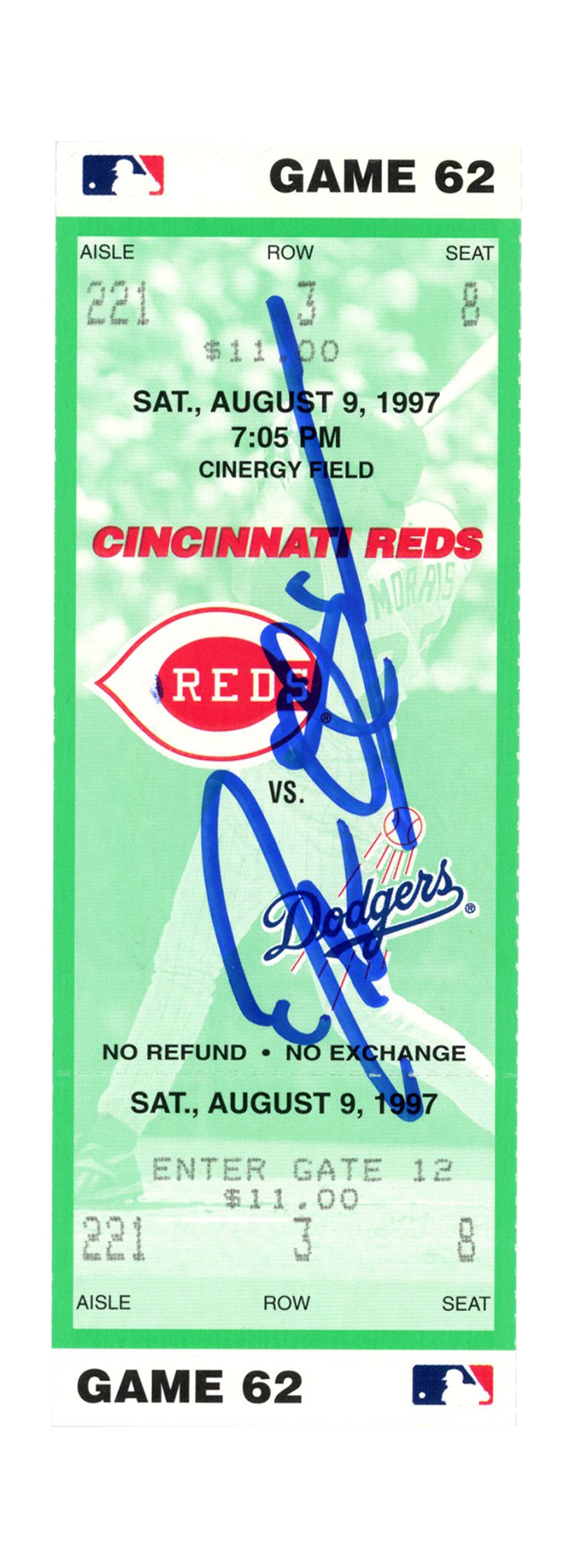 Deion Sanders Cincinnati Reds Signed Card - 8/9/1997 vs Dodgers Ticket Beckett - 37230-Powers Sports Memorabilia