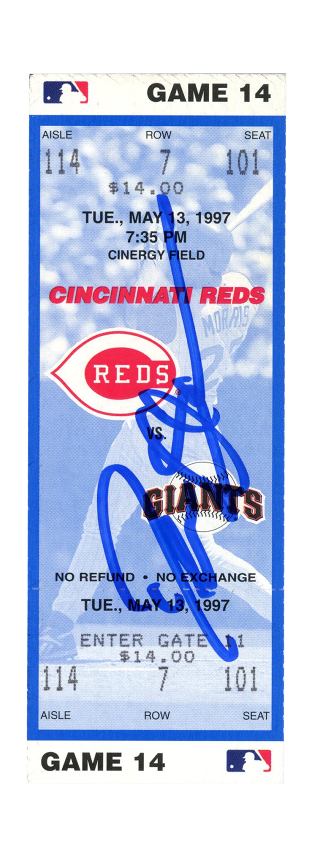 Deion Sanders Cincinnati Reds Signed Card - 5/13/1997 vs Giants Ticket Beckett-Powers Sports Memorabilia