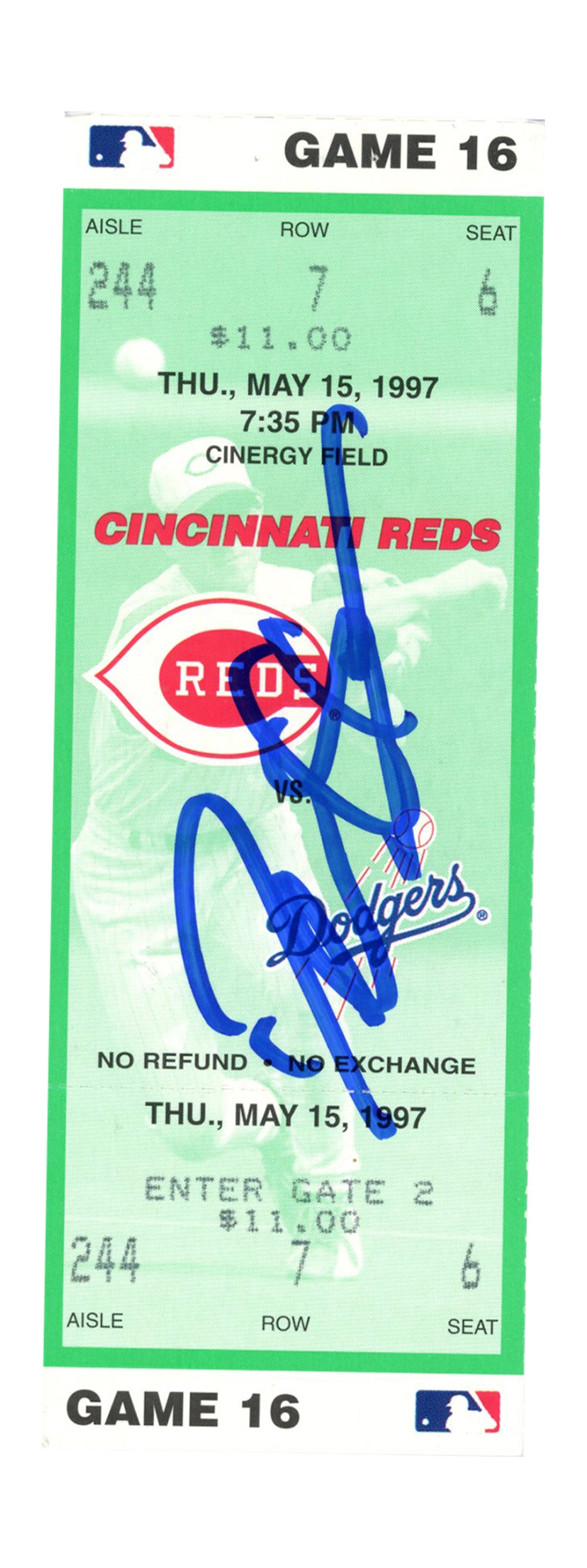 Deion Sanders Cincinnati Reds Signed Card - 5/15/1997 vs Dodgers Ticket Beckett-Powers Sports Memorabilia