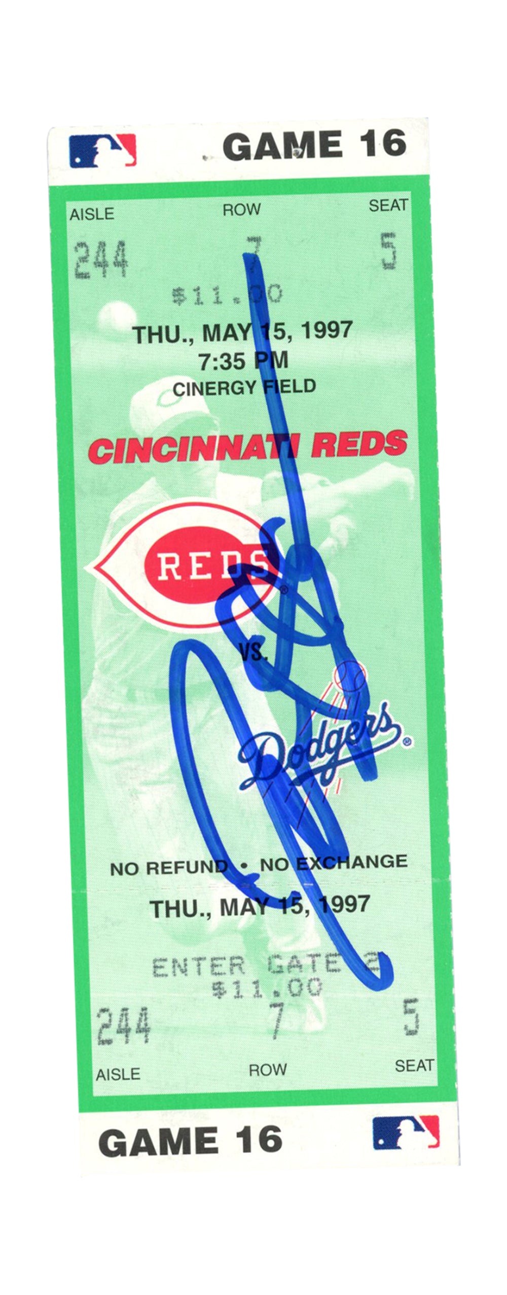 Deion Sanders Cincinnati Reds Signed Card - 5/15/1997 vs Dodgers Ticket Beckett - 37235-Powers Sports Memorabilia