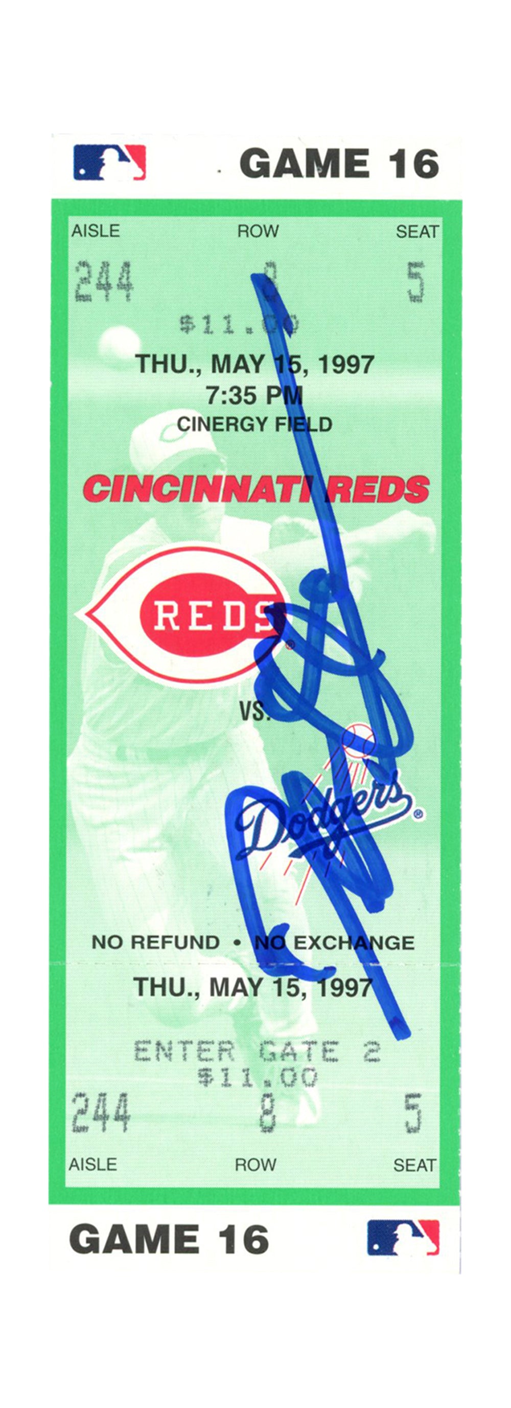 Deion Sanders Cincinnati Reds Signed Card - 5/15/1997 vs Dodgers Ticket Beckett - 37236-Powers Sports Memorabilia