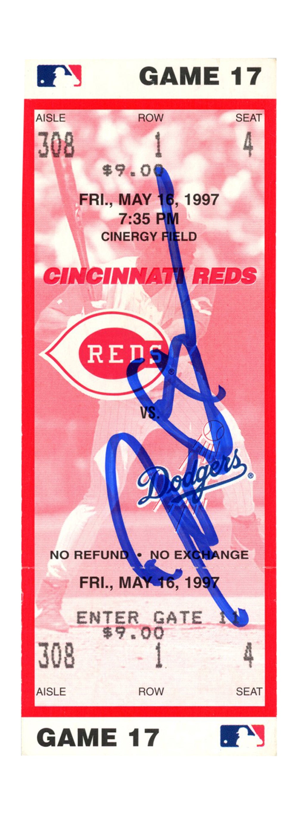 Deion Sanders Cincinnati Reds Signed Card - 5/16/1997 vs Dodgers Ticket Beckett-Powers Sports Memorabilia