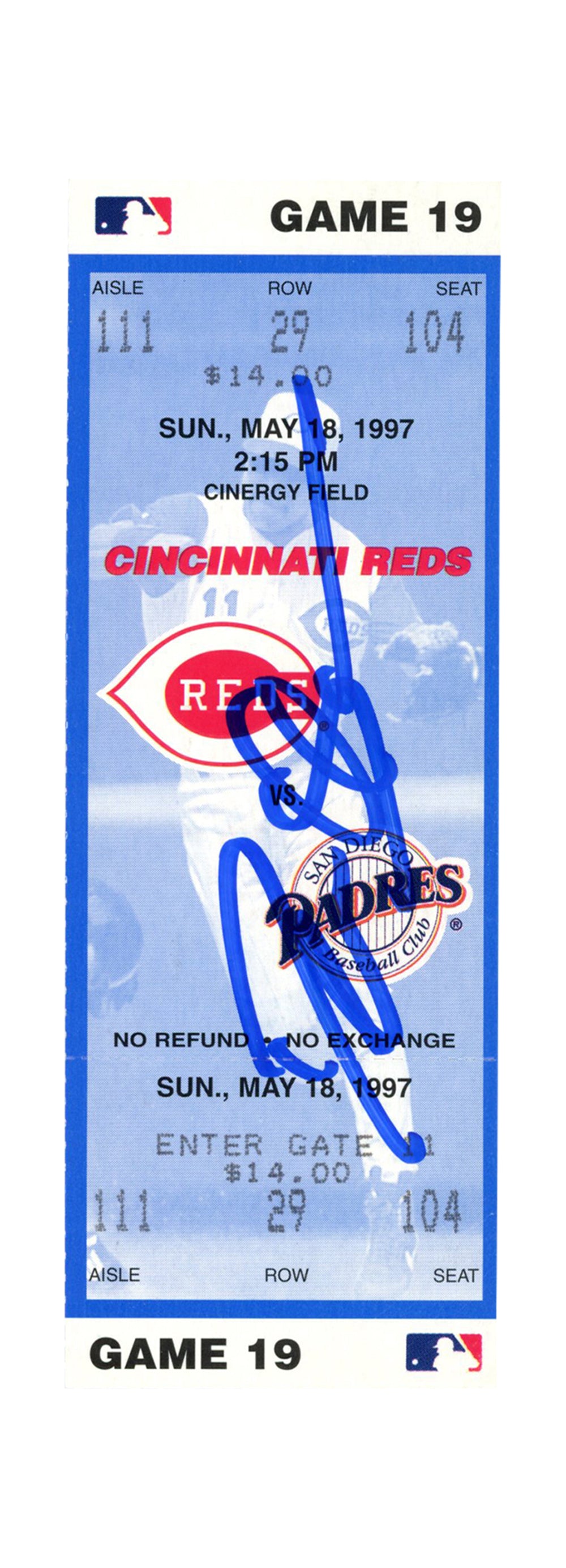 Deion Sanders Cincinnati Reds Signed Card - 5/18/1997 vs Padres Ticket Beckett-Powers Sports Memorabilia