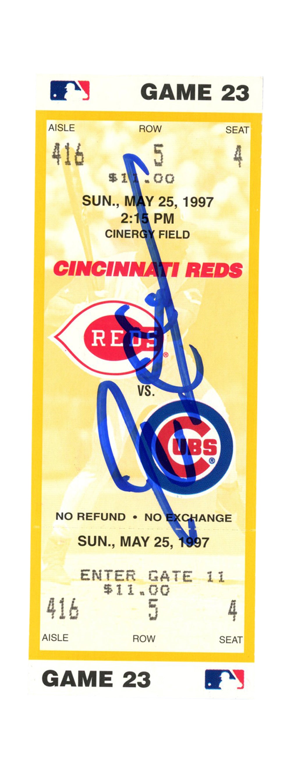 Deion Sanders Cincinnati Reds Signed Card - 5/25/1997 vs Cubs Ticket Beckett-Powers Sports Memorabilia