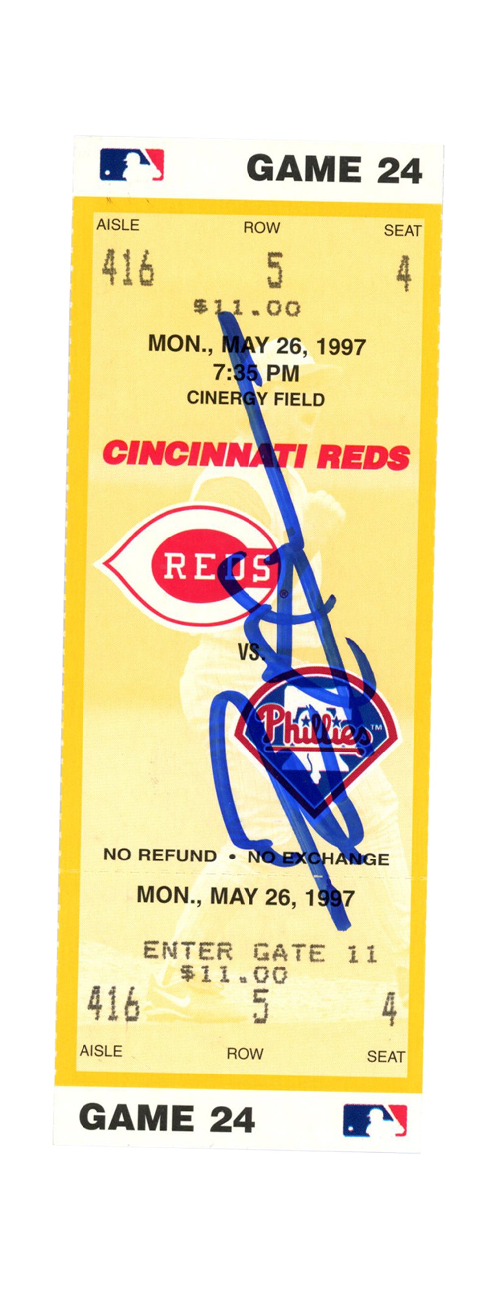 Deion Sanders Cincinnati Reds Signed Card - 5/26/1997 vs Phillies Ticket Beckett-Powers Sports Memorabilia