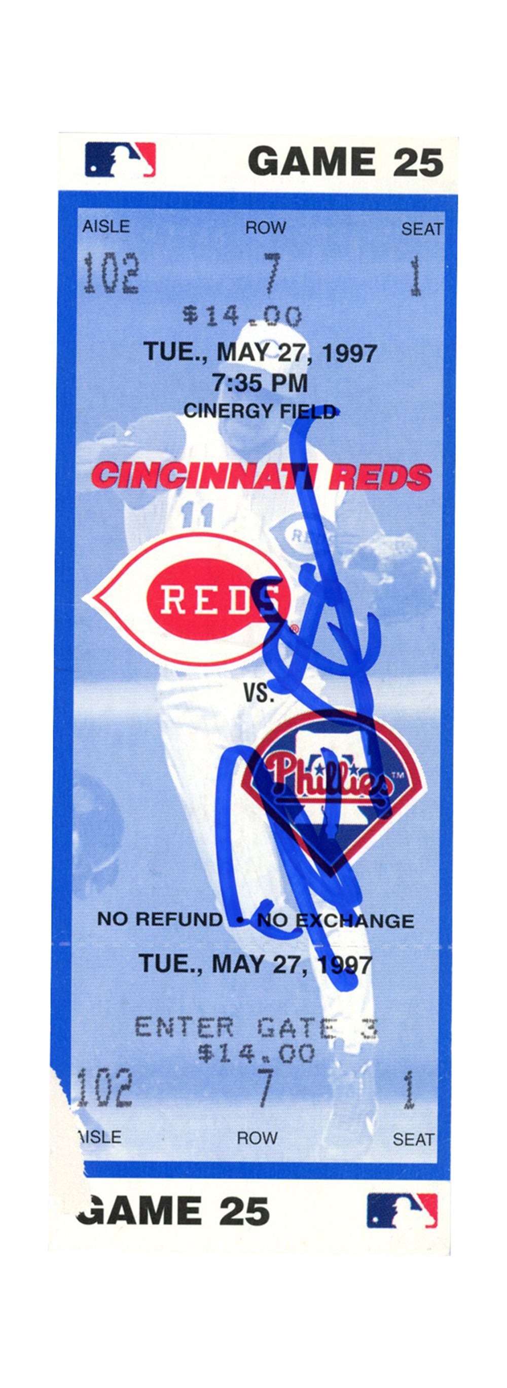 Deion Sanders Cincinnati Reds Signed Card - 5/27/1997 vs Phillies Ticket Beckett-Powers Sports Memorabilia