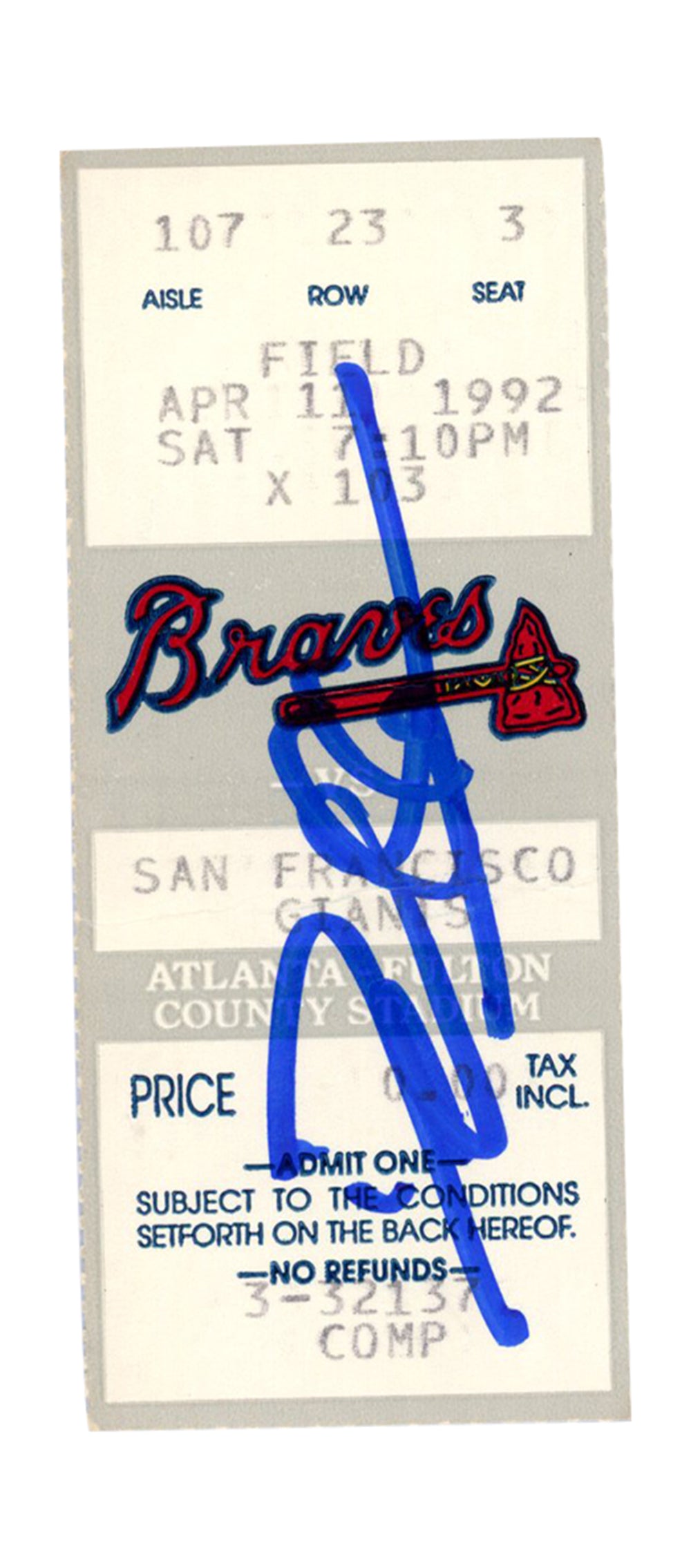 Deion Sanders Atlanta Braves Signed Card - 4/11/1992 vs Giants Ticket Beckett-Powers Sports Memorabilia