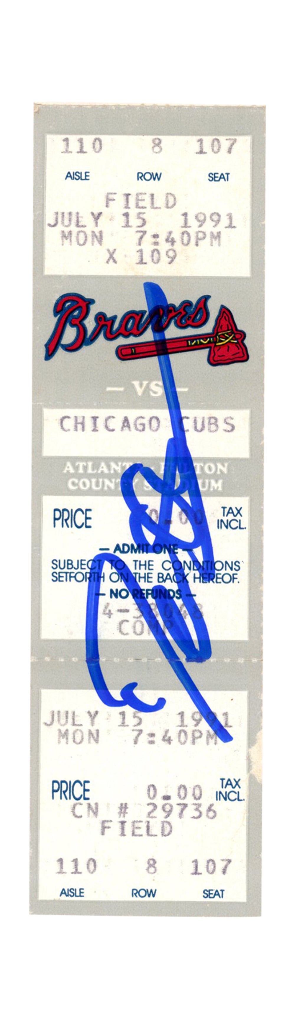 Deion Sanders Atlanta Braves Signed Card - 7/15/1991 vs Cubs Full Ticket Beckett-Powers Sports Memorabilia