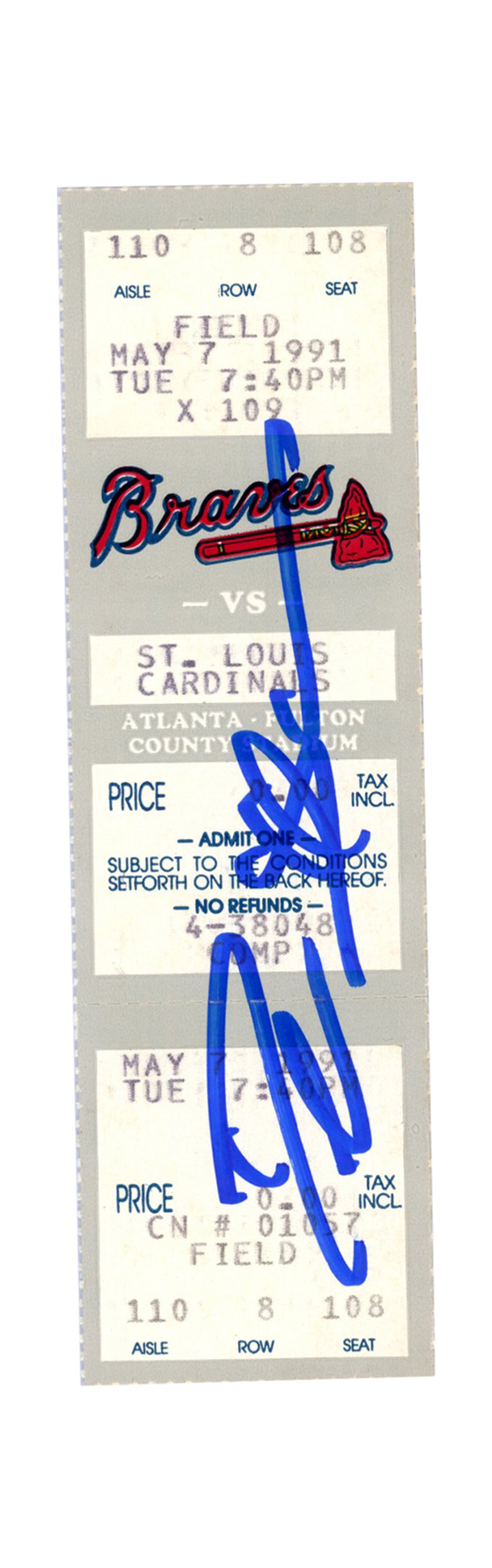 Deion Sanders Atlanta Braves Signed Card - 5/7/1991 vs Cardinals Ticket Beckett-Powers Sports Memorabilia