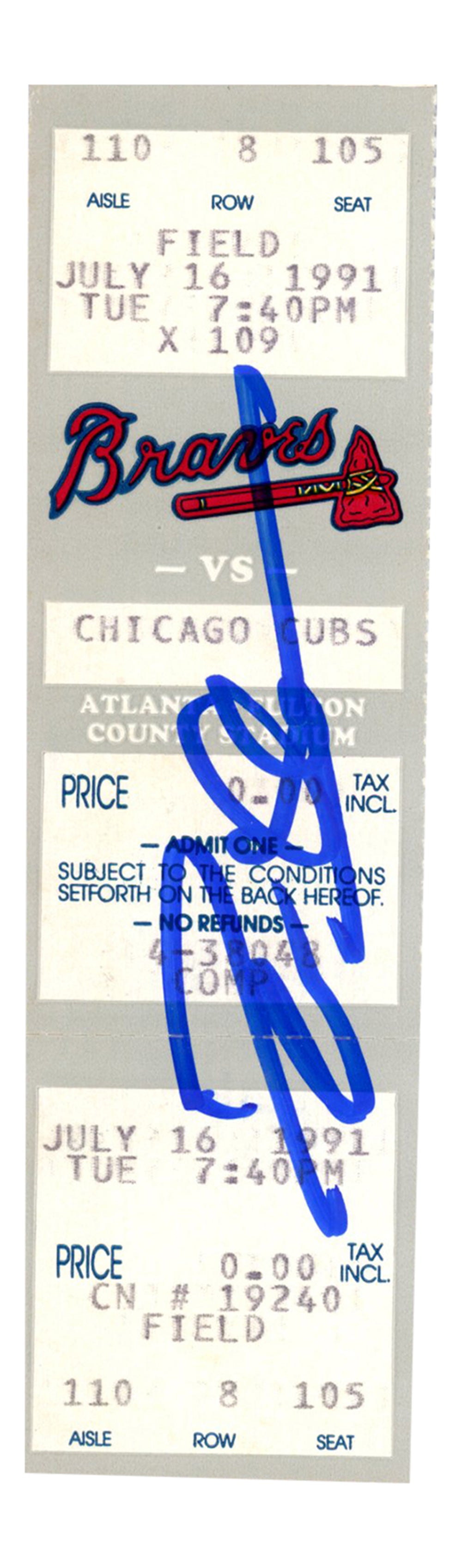 Deion Sanders Atlanta Braves Signed Card - 7/16/1991 vs Cubs Full Ticket Beckett-Powers Sports Memorabilia