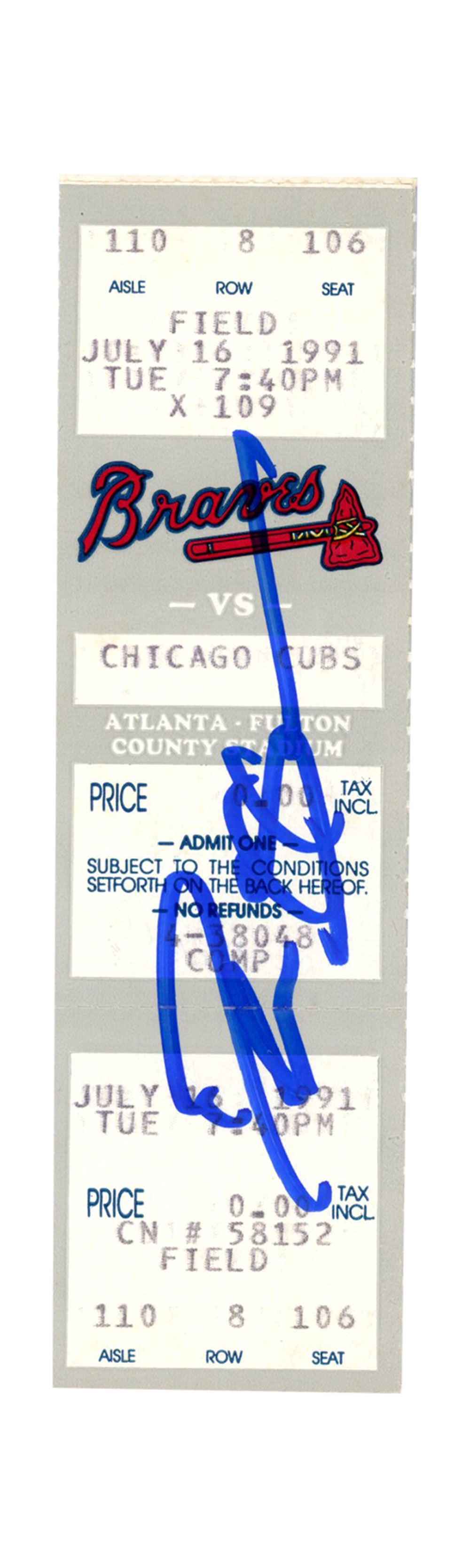 Deion Sanders Atlanta Braves Signed Card - 7/16/1991 vs Cubs Full Ticket Beckett - 37254-Powers Sports Memorabilia