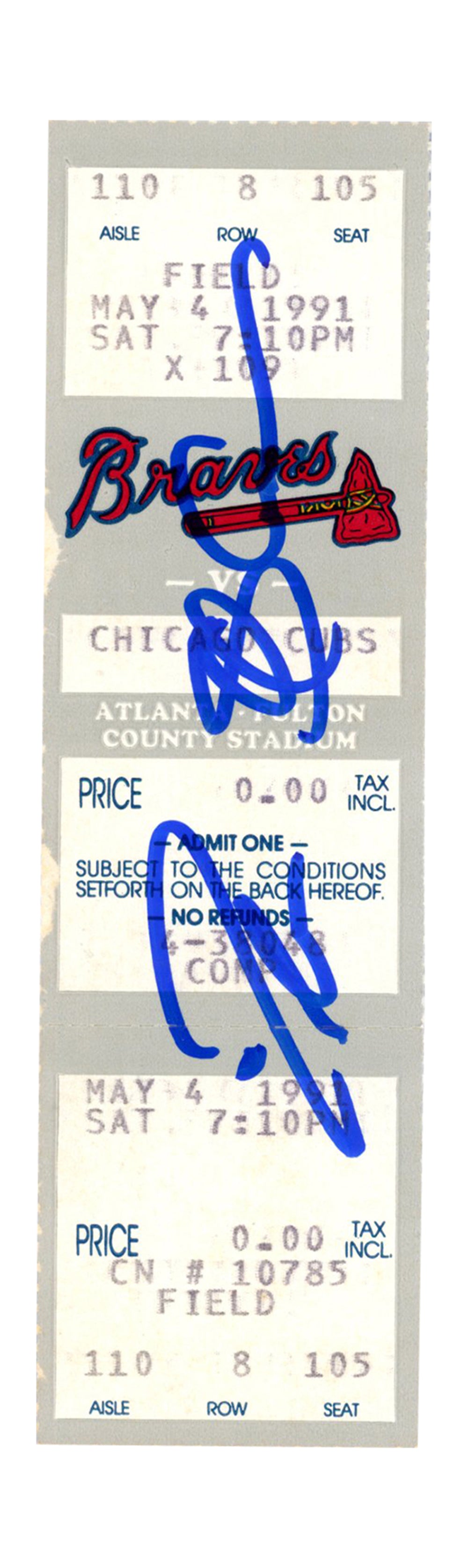 Deion Sanders Atlanta Braves Signed Card - 5/4/1991 vs Cubs Full Ticket Beckett - 37255-Powers Sports Memorabilia