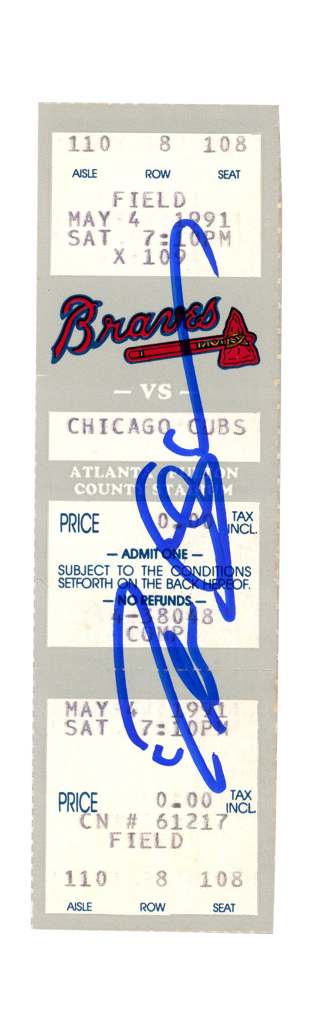 Deion Sanders Atlanta Braves Signed Card - 5/4/1991 vs Cubs Full Ticket Beckett-Powers Sports Memorabilia