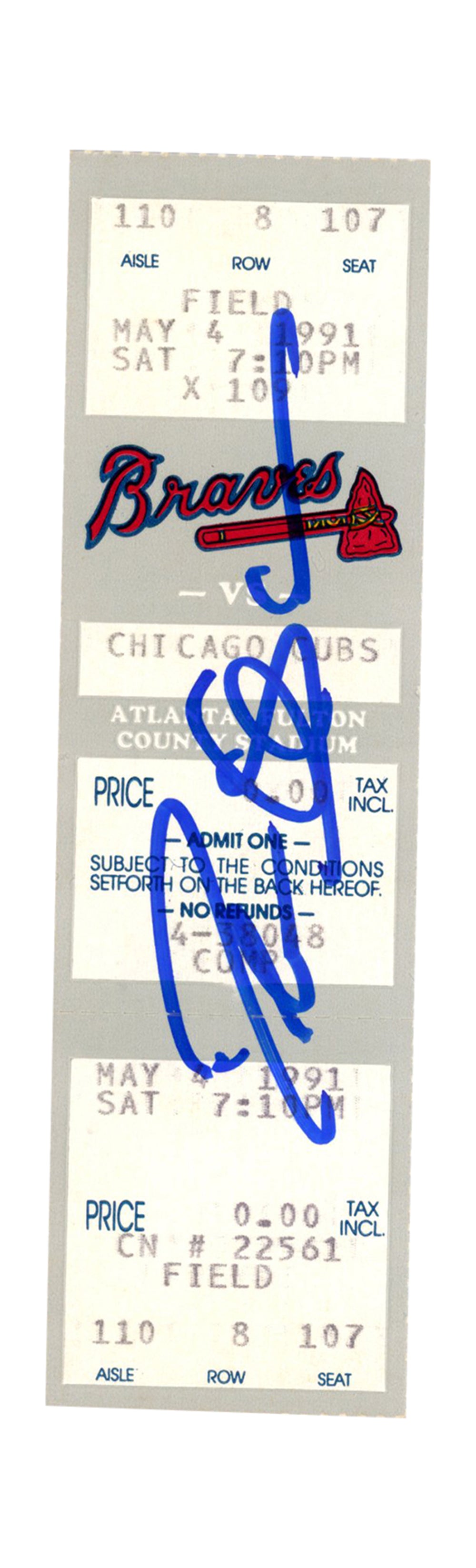 Deion Sanders Atlanta Braves Signed Card - 5/4/1991 vs Cubs Full Ticket Beckett - 37257-Powers Sports Memorabilia
