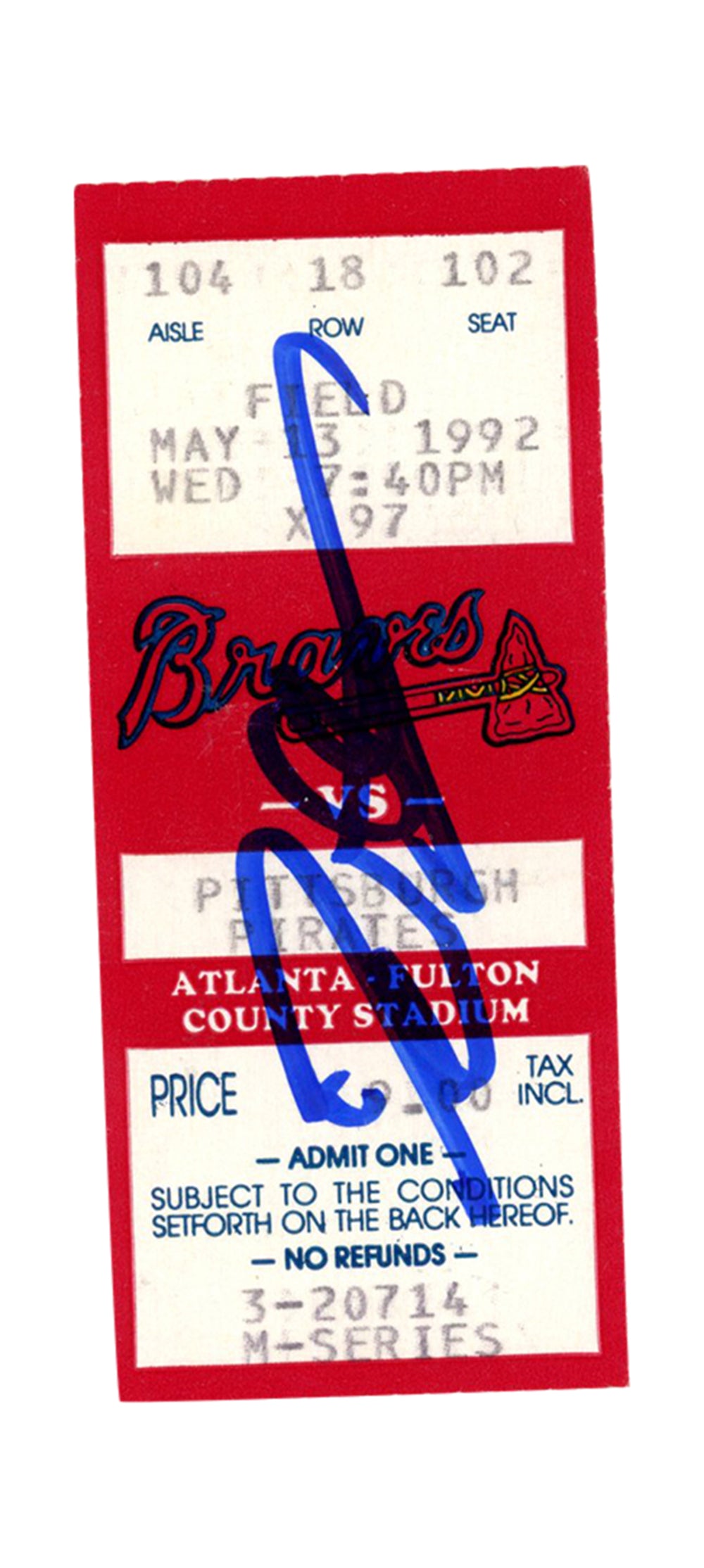 Deion Sanders Atlanta Braves Signed Card - 5/13/1992 vs Pirates Ticket Beckett-Powers Sports Memorabilia