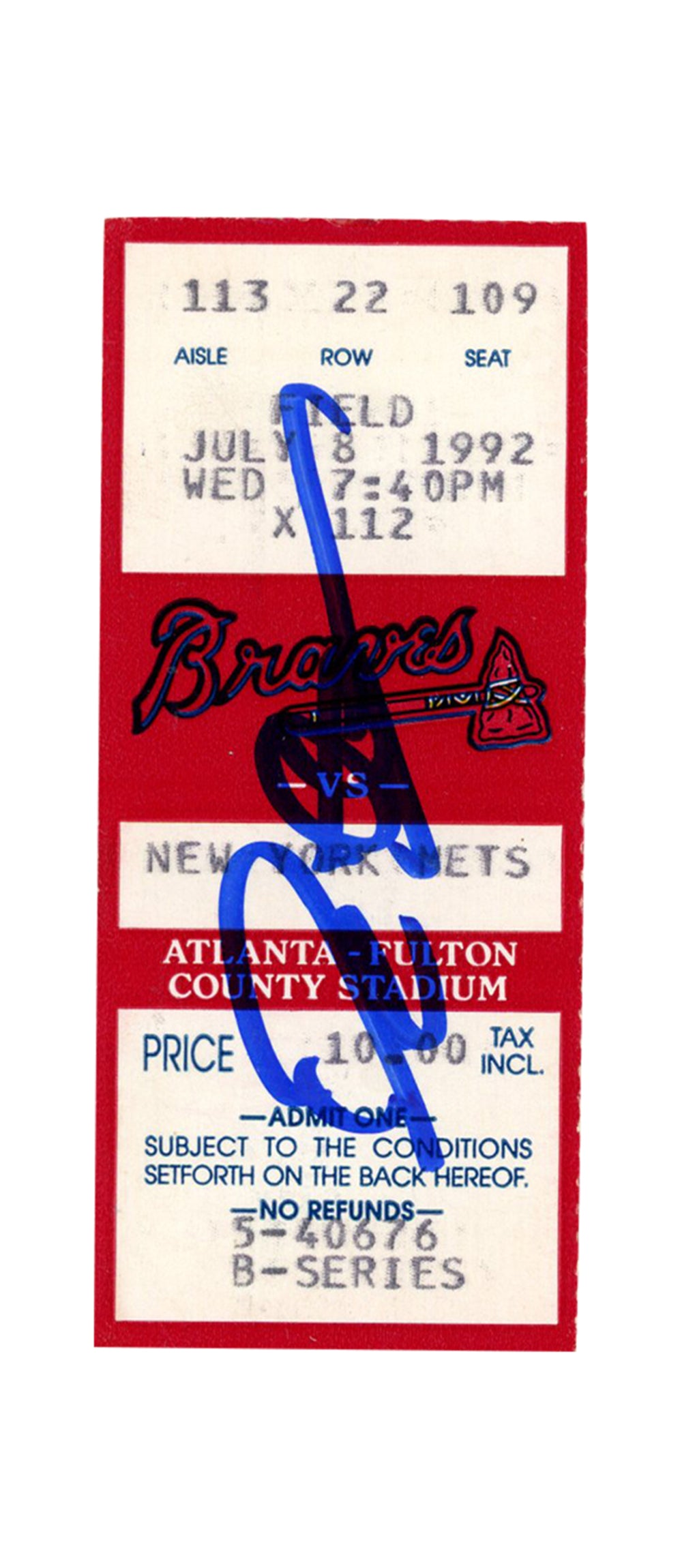 Deion Sanders Atlanta Braves Signed Card - 7/8/1992 vs Mets Ticket Beckett-Powers Sports Memorabilia