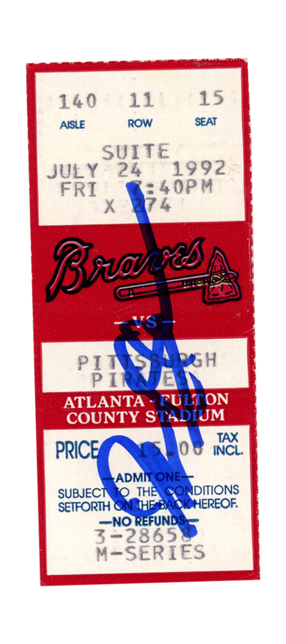 Deion Sanders Atlanta Braves Signed Card - 7/24/1992 vs Pirates Ticket Beckett-Powers Sports Memorabilia