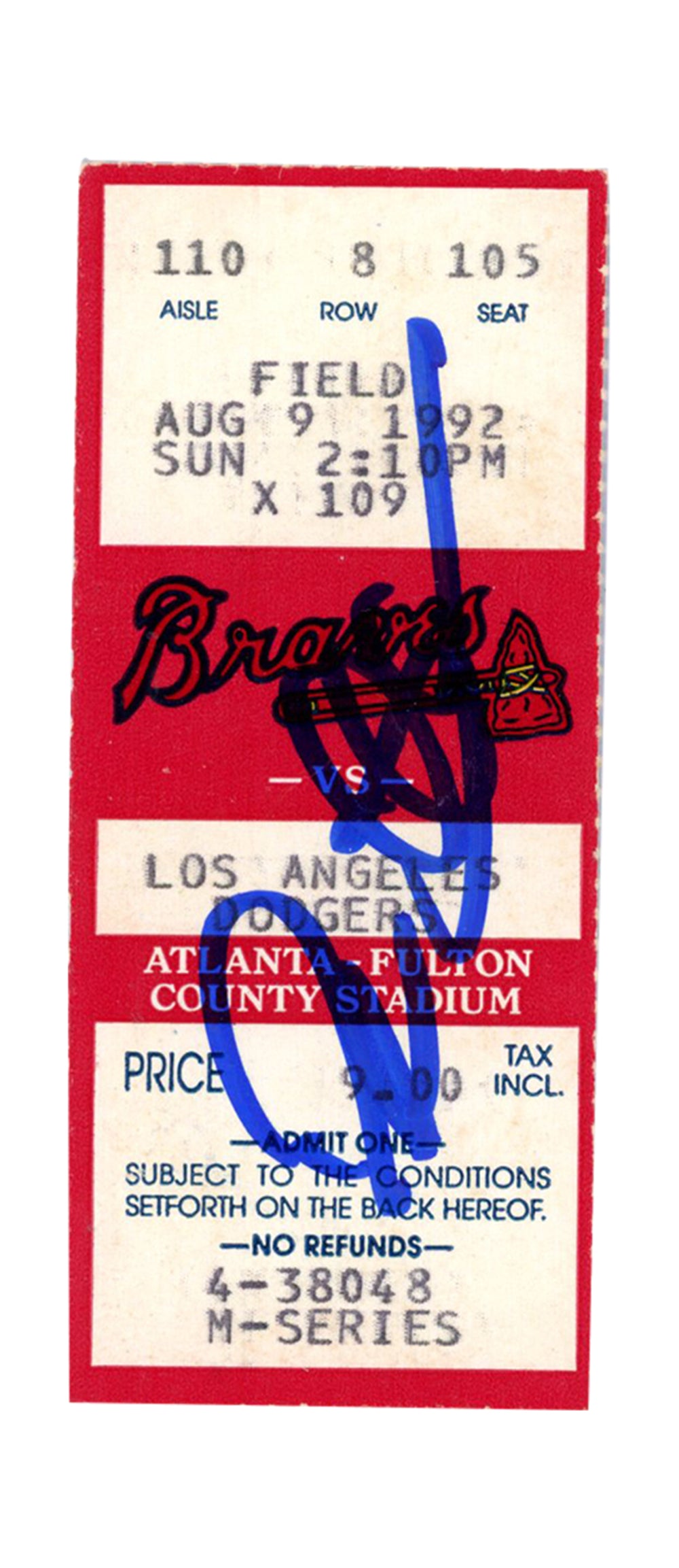 Deion Sanders Atlanta Braves Signed Card - 8/9/1992 @ Dodgers Ticket Beckett-Powers Sports Memorabilia