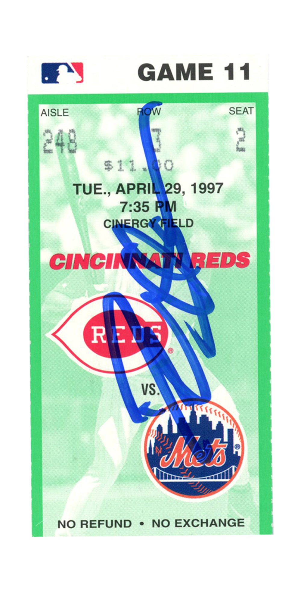 Deion Sanders Cincinnati Reds Signed Card - 4/29/1997 vs Mets Ticket Beckett - 37274-Powers Sports Memorabilia
