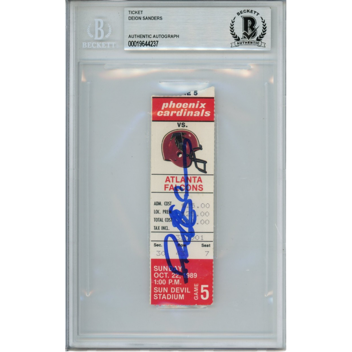 Deion Sanders Atlanta Falcons Signed Card - 1989 Slab Ticket Stub Beckett Beckett-Powers Sports Memorabilia