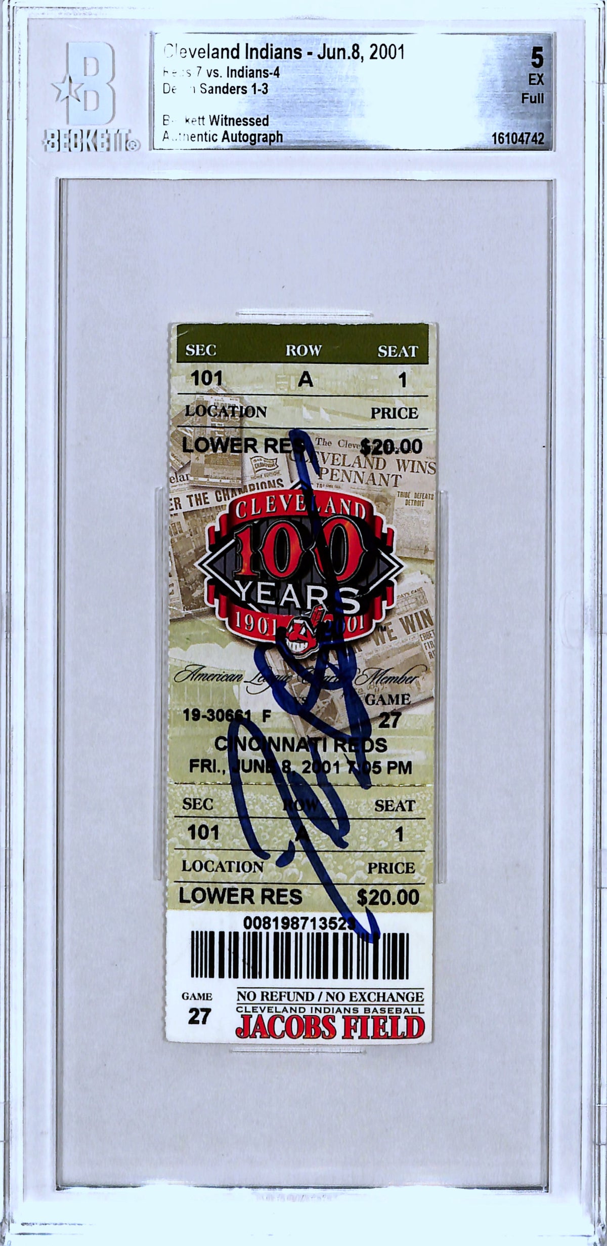 Deion Sanders Cincinnati Reds Signed Card - Ticket Stub 06/08/01 Beckett Slab Beckett-Powers Sports Memorabilia