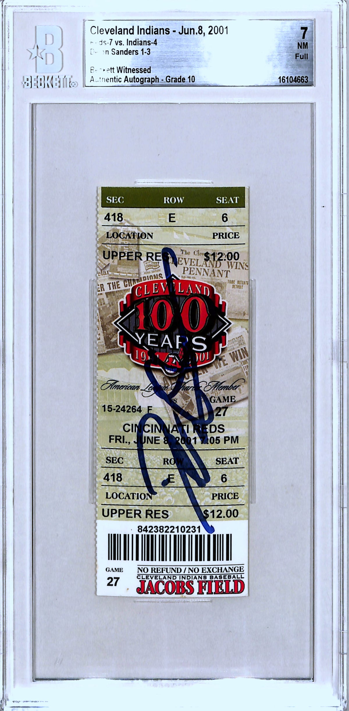 Deion Sanders Cincinnati Reds Signed Card - Ticket Stub 06/08/01 Beckett Slab Beckett - 37144-Powers Sports Memorabilia