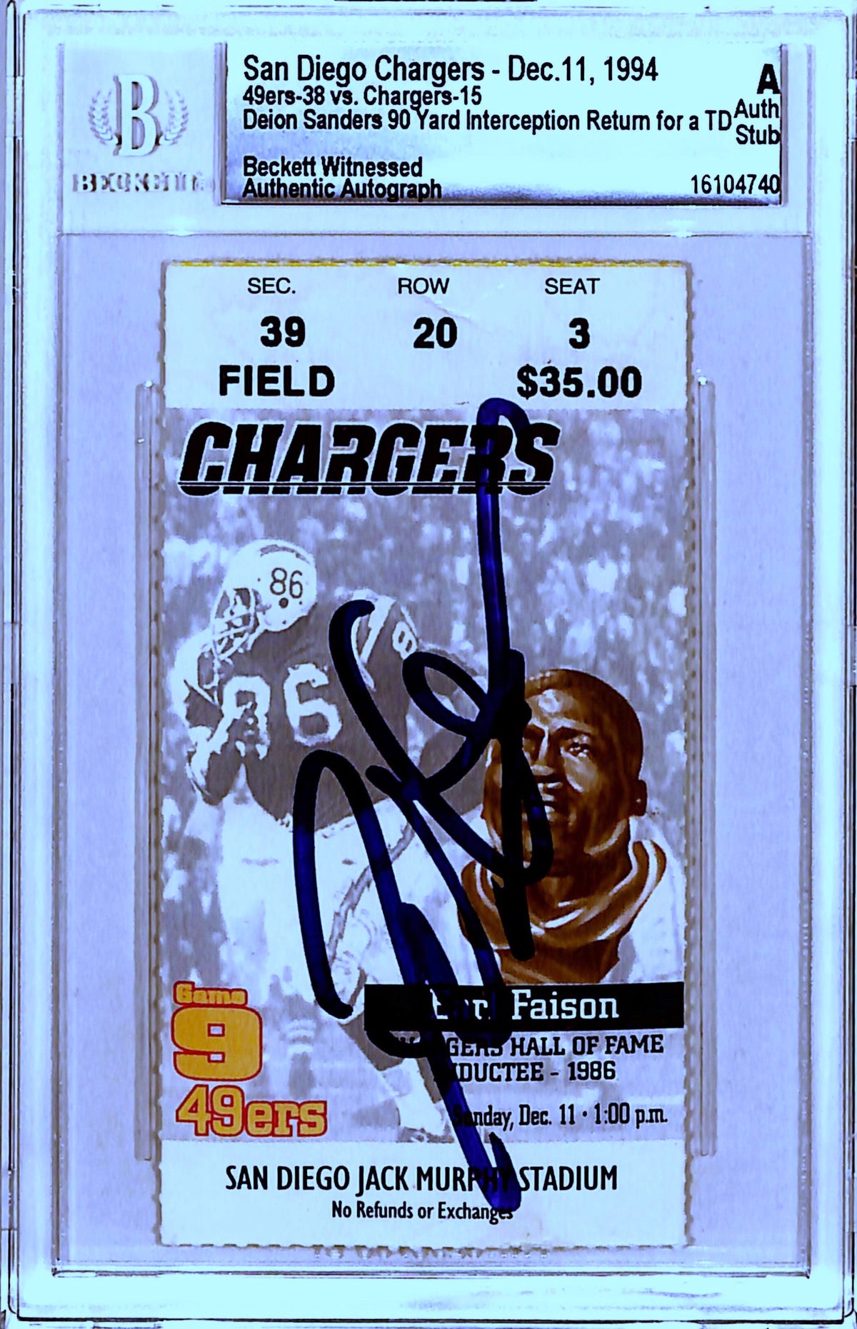 Deion Sanders Cincinnati Reds Signed Card - San Francisco 49ers Ticket Stub 12/11/94 Beckett Slab Beckett-Powers Sports Memorabilia